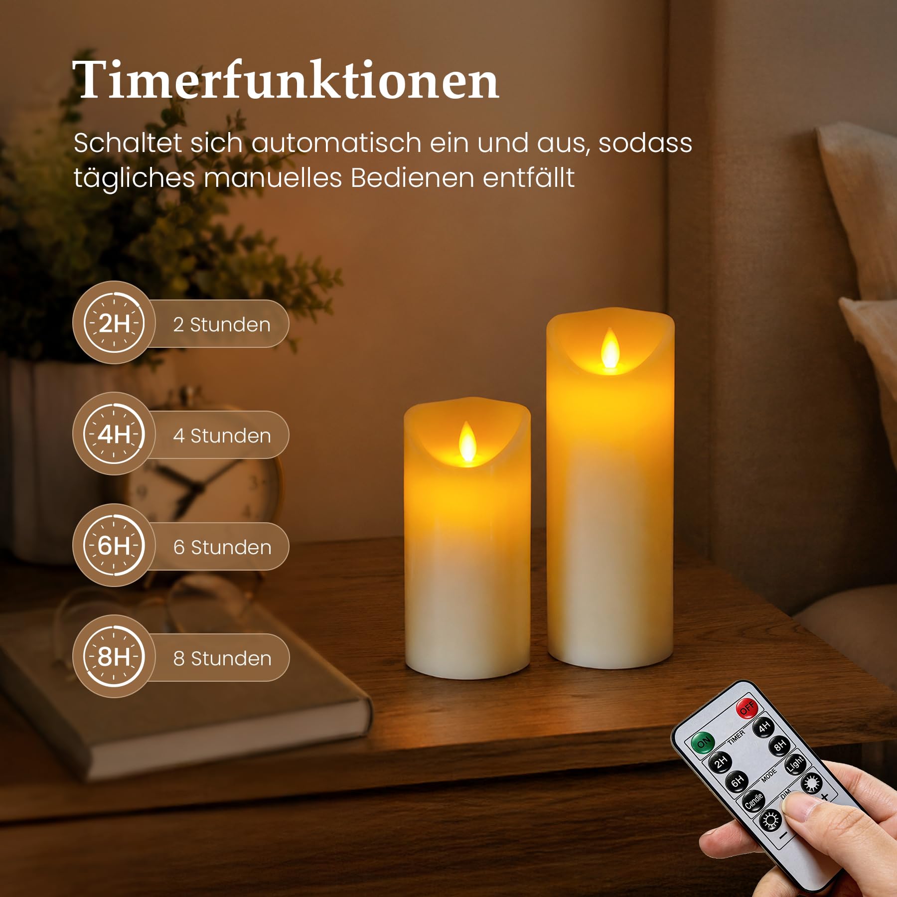 20cm x 7,5cm Candele LED senza fiamma con telecomando e temporizzazione, Alimentate a batteria Cera vera Lunga durata Stoppino mobile Tremolante (Avorio, Confezione da 2)