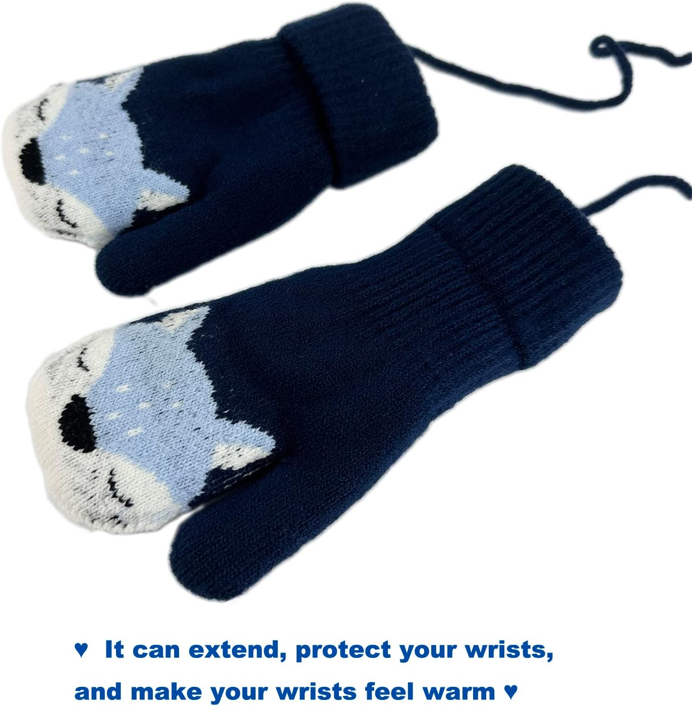 Toddler Kids Winter Warm Thick Knitted Gloves Fleece Lined Full Finger Mittens with String for 1-3 Years Kids
