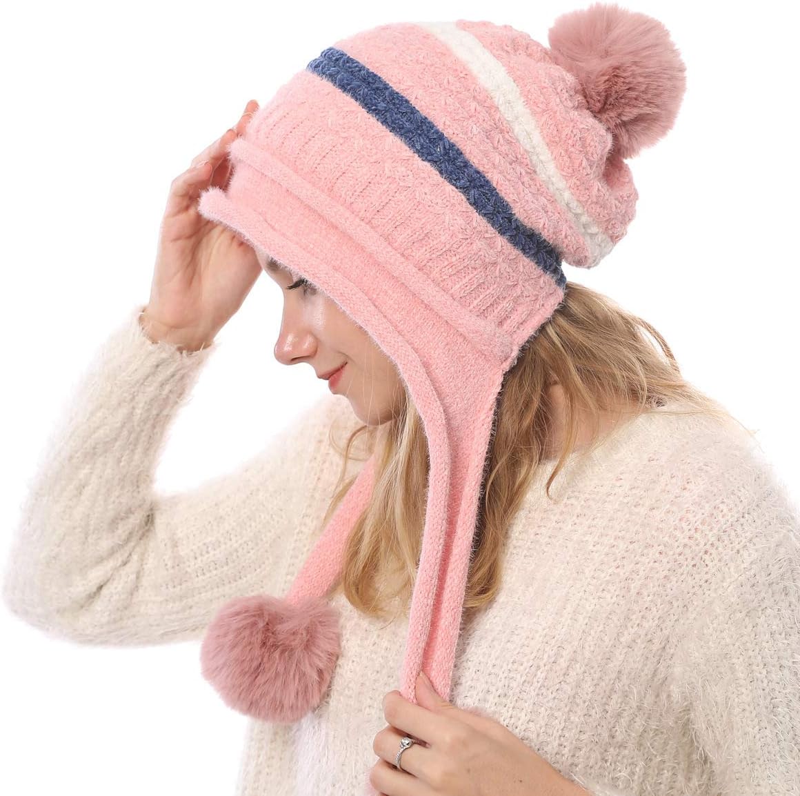 Women Winter Peruvian Cover Ears Beanie Hat Ear Flaps Sherpa Ski Snow Hats Knit Fleece Lined 3 Pom Pom - Image 3