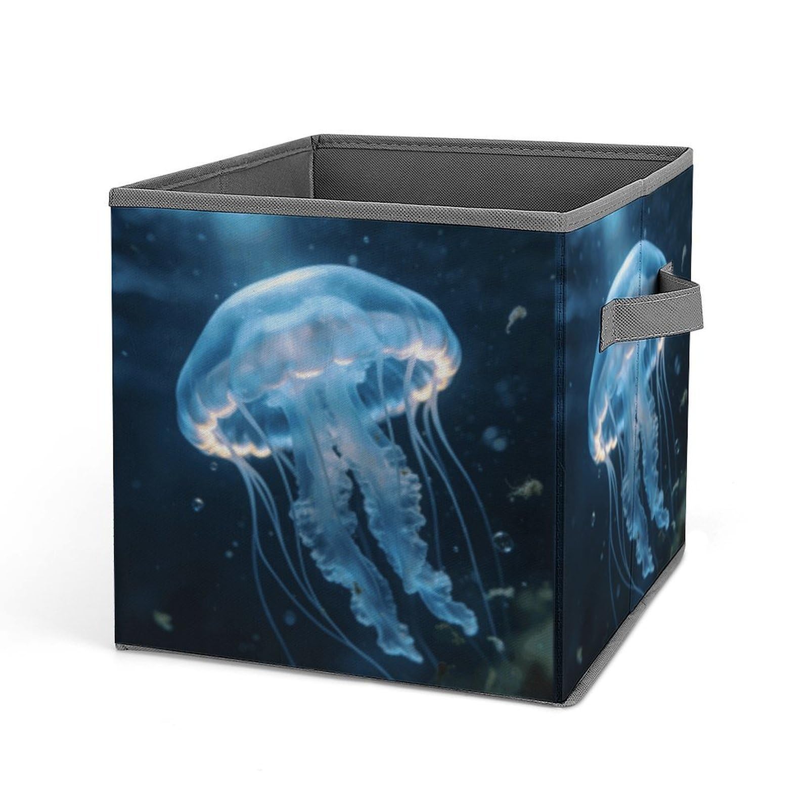 Jellyfish Storage Baskets Collapsible, Exquisite Pattern Cube Box, Canvas Fabric Storage Bins with Handles, Clothe Organizer Box for Home Decorative Office Bedroom