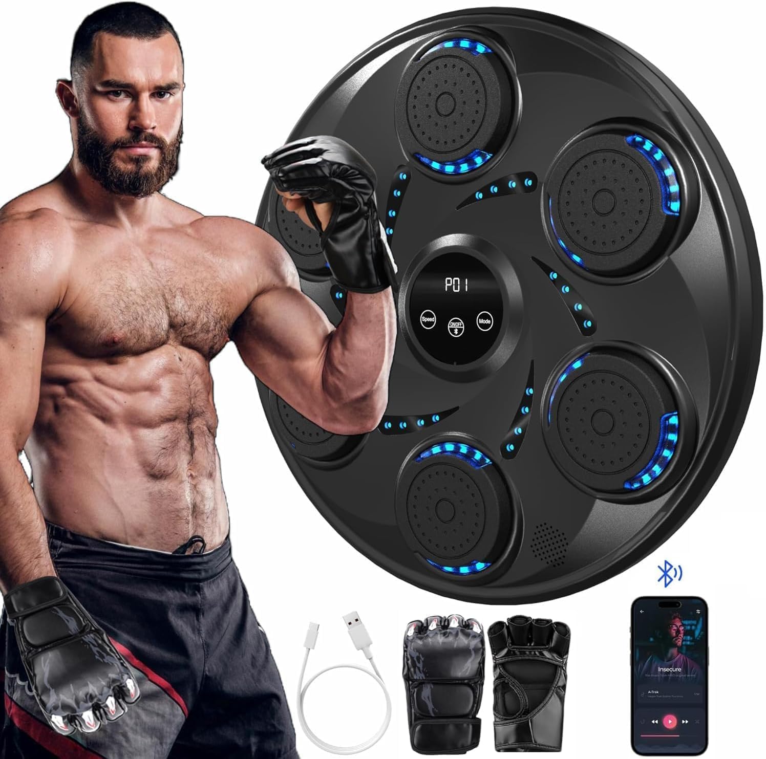 2025 Neu Music Boxing Machine mit Bluetooth,LED Licht BoxMaschine mit Musik mit Boxhandschuhen, Elektronische Boxing Machine zur Wandmontage mit 9Geschwindigkeitsmodi und Zählmodus