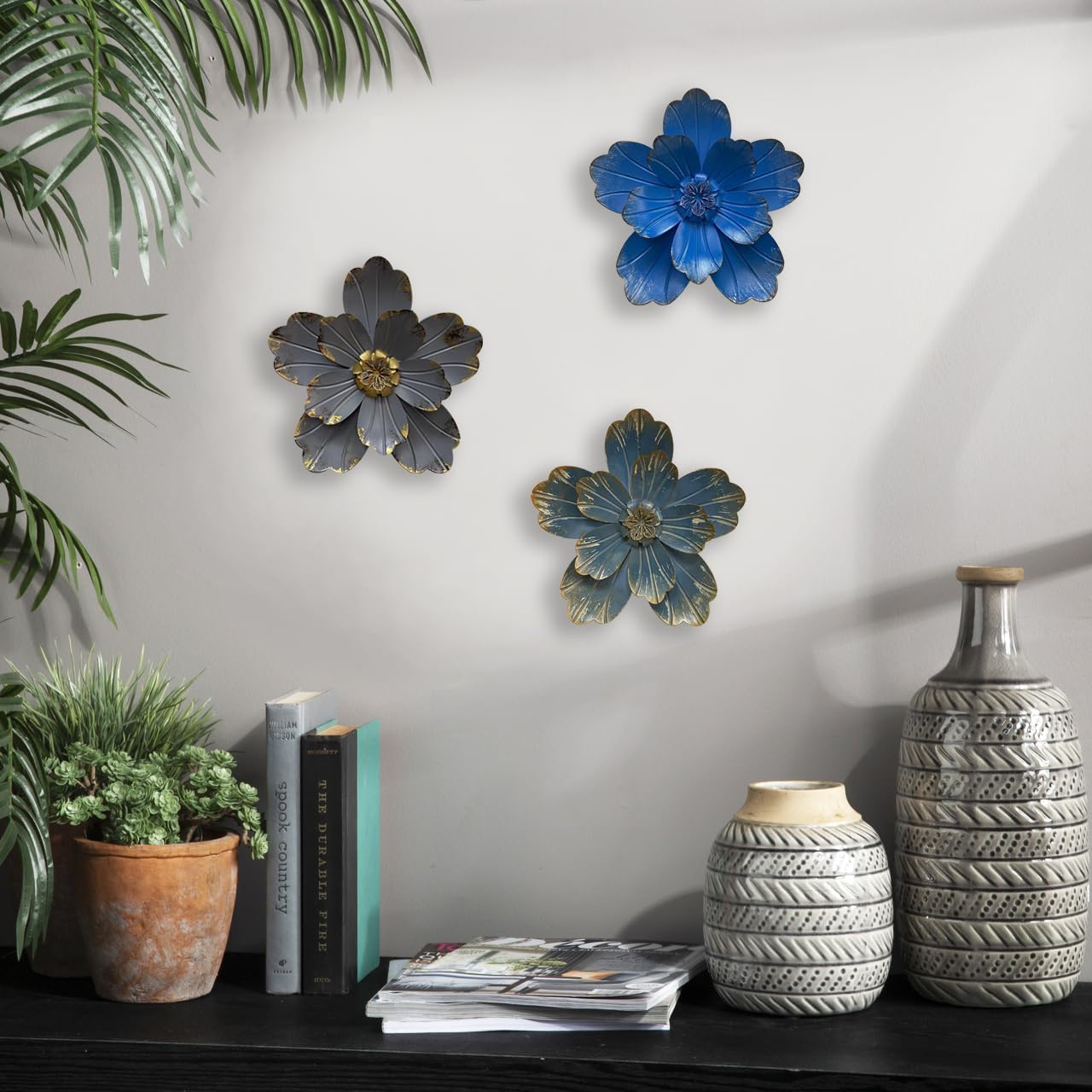 Metal Flower Wall Sculpture, 9.5" Grey Golden Rustic Modern Artwork image 3