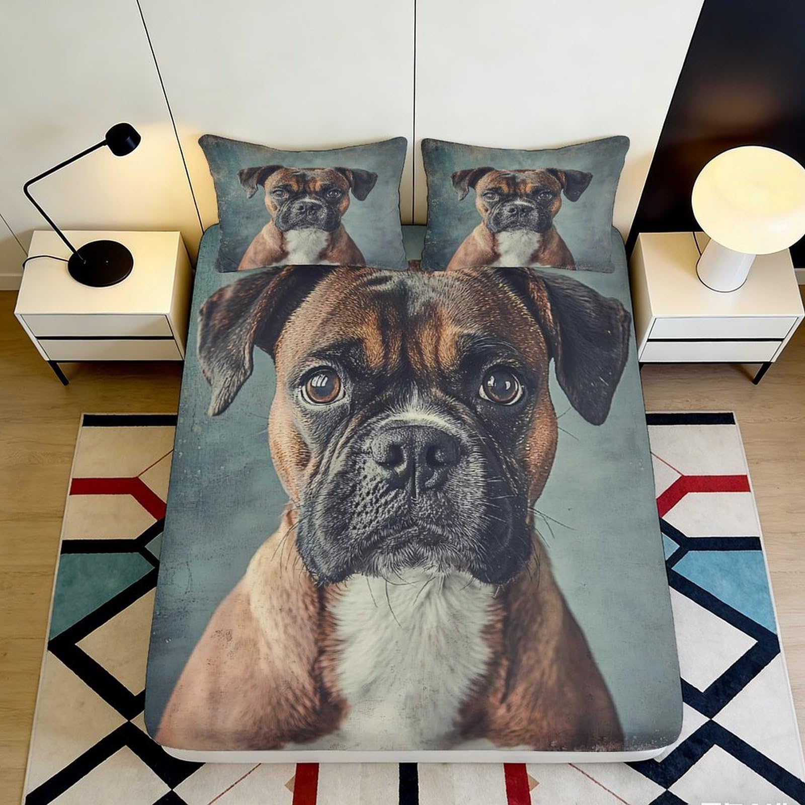 3D Printed Boxer Dog Fitted Sheet Microfiber Soft Breathable Realistic Pet Portrait Mattress Cover for Bedroom Guest Room Decor 90x200x25cm