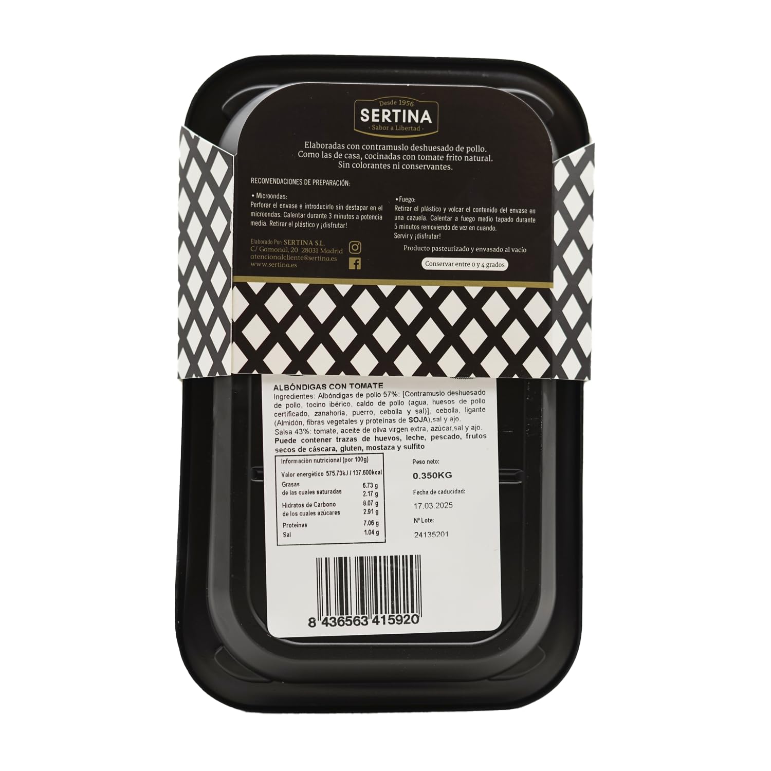 Sertina Albóndigas de Pollo Con Salsa de Tomate Natural, Pack de 6 x 350g - Comida Gourmet Lista Para Comer, Receta Tradicional, Sin Conservantes, Rápida y Deliciosa.