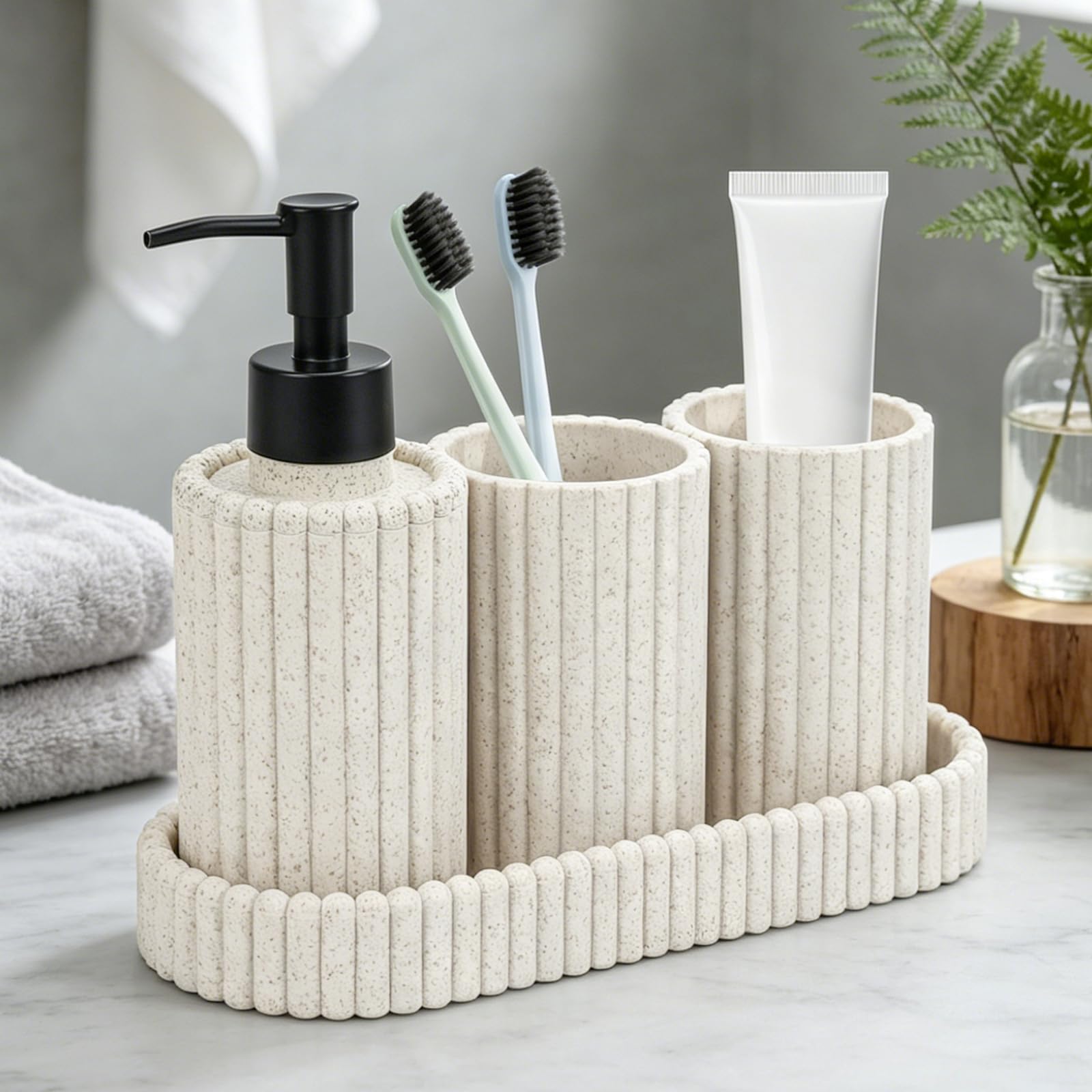 Bathroom Soap Dispenser Set - 4 Pcs Bathroom Accessory Set with Soap Dispenser, Toothbrush Holder & Tumbler, Tray - Durable Modern Ribbed Home Decor & Bathroom Organiser, Wheat Straw Color