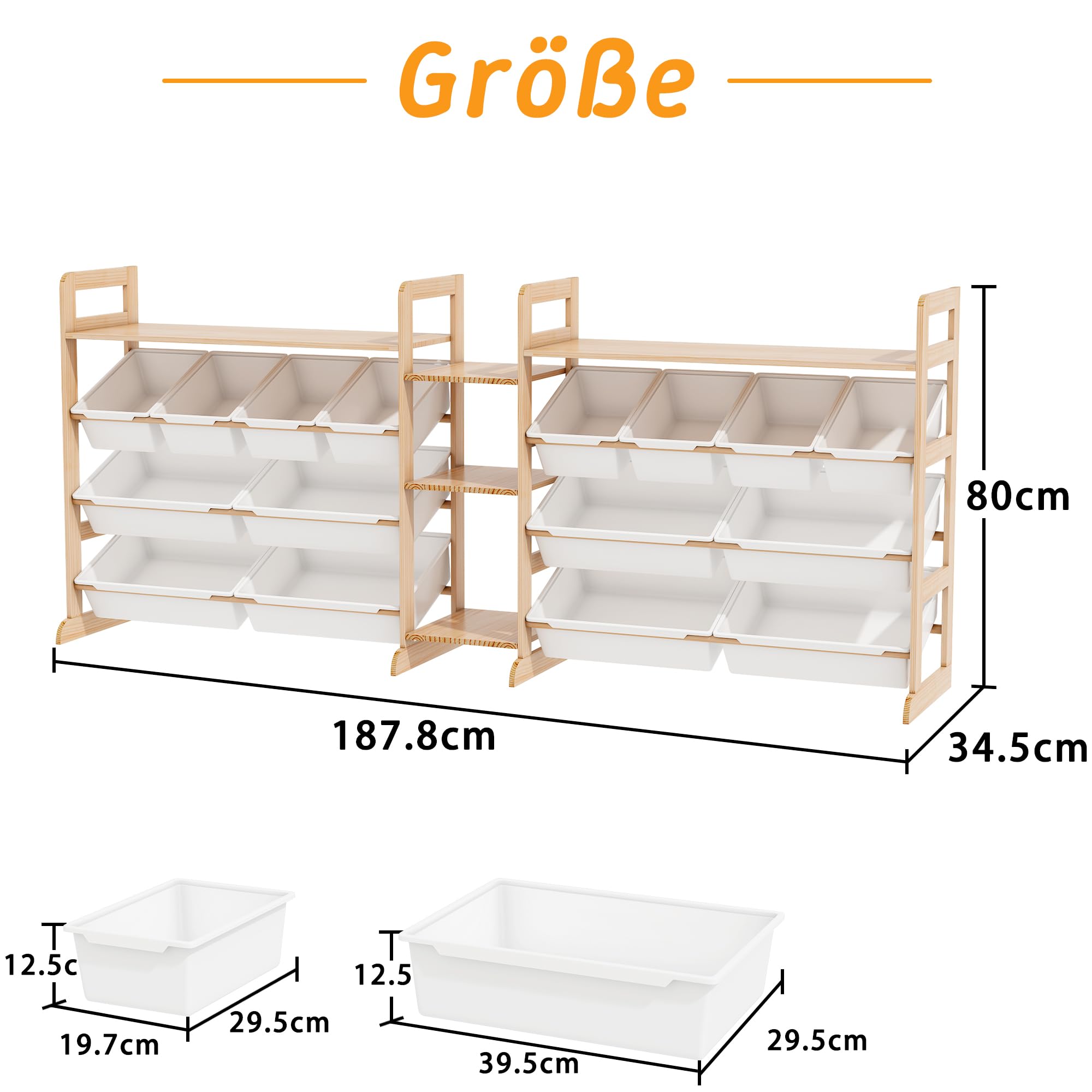 Spielzeug-Organizer Holz mit 16 Spielzeug Organizer 188cm Breit, Bücherregal Kinder Holz, Regal für Kinderzimmer Leseecke, Kinder Aufbewahrungsbox für Schlafzimmer, Kinderzimmer, Arbeitszimmer
