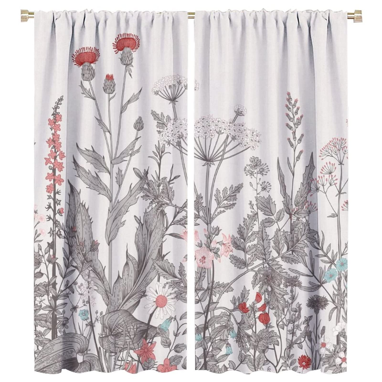 Rustic Flower Curtains Green Leaf Vintage Floral Colorful Plant Herbs Women Wildflower Blossom Botan for Home Kitchen Office Coffee Room Curtains Window Curtain 2 Panels 55x63in