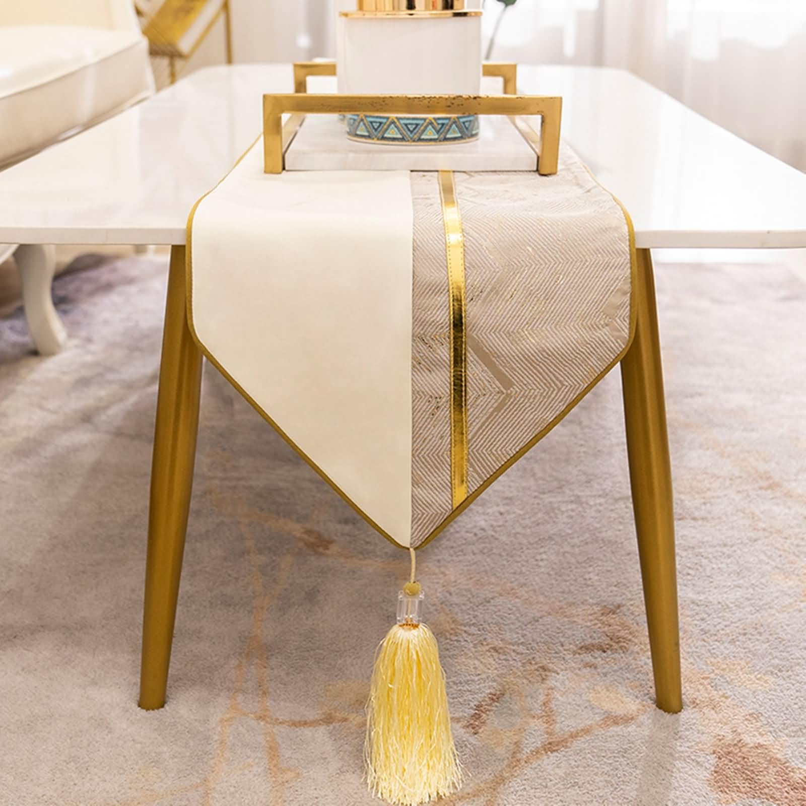 Chemins de Table Beige Argent Géométrique,Polyester,33x260cm