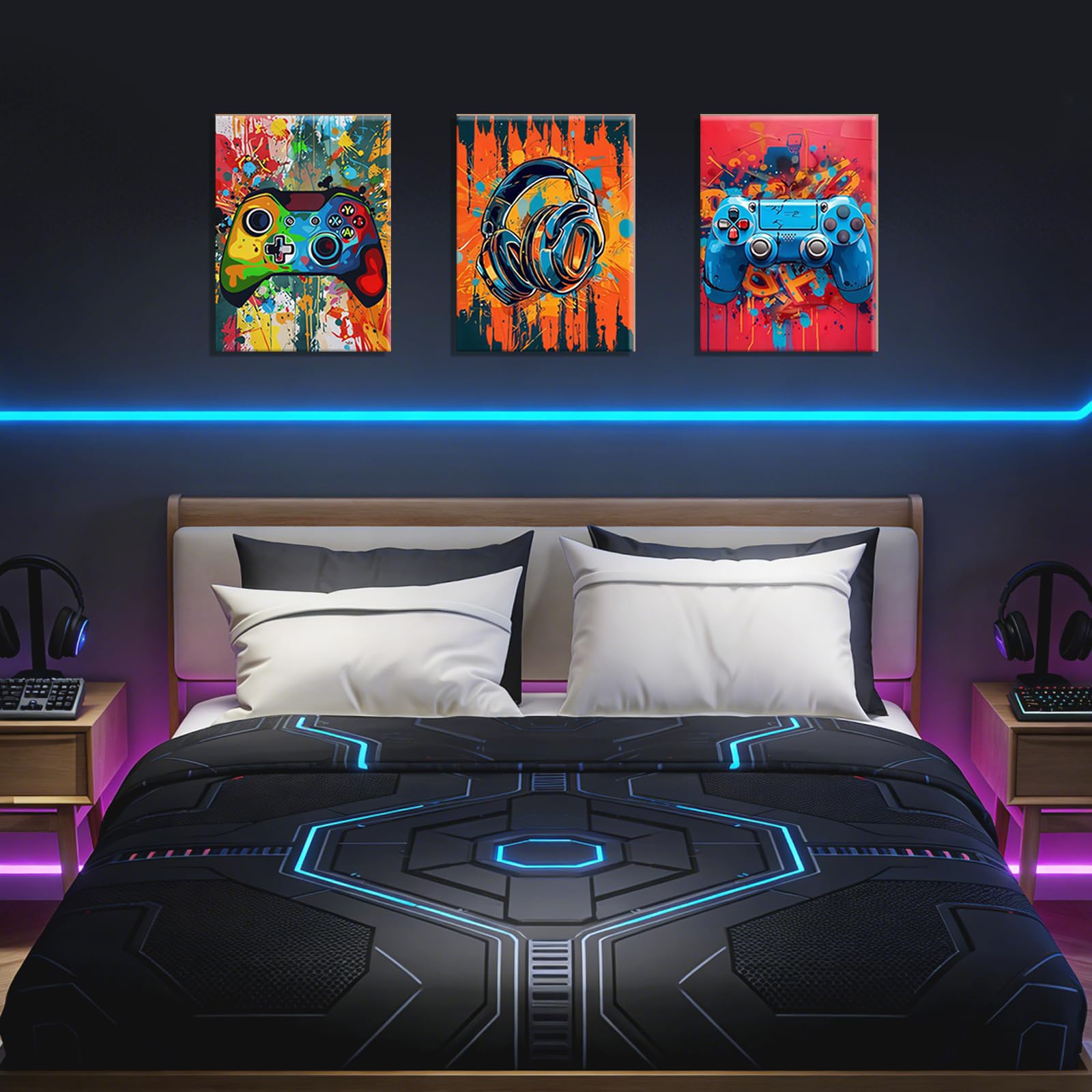 3 Pcs Graffiti Gaming Posters Set, Gamepad and Headphone Patterned Gaming Canvas Wall Art for Teen, Boys, Gamer, Cool Gaming Posters for Bedroom Boys, Men Cave, Game Room Decor 12 x16 in Unframed 4