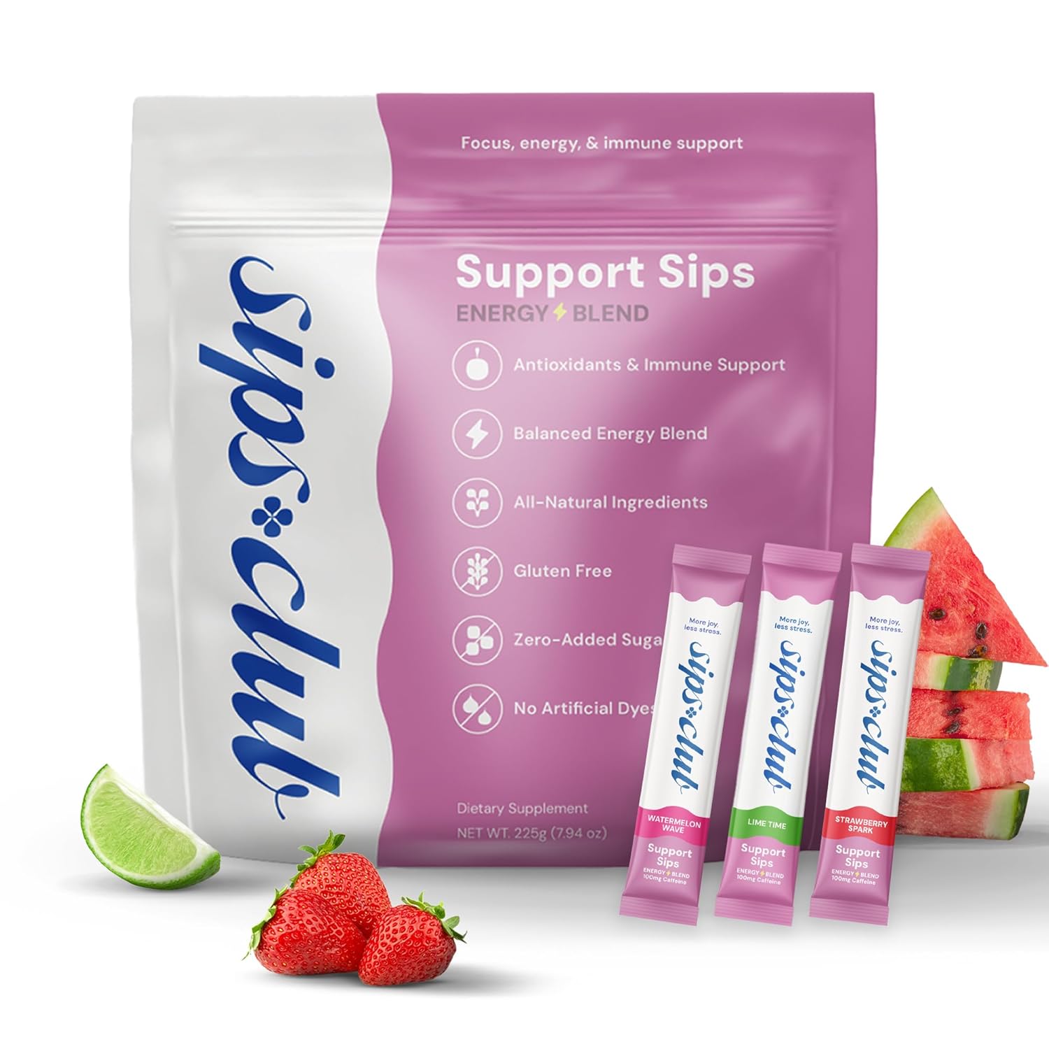 Support Sip with Caffeine and L-Theanine Blend - Healthy Drink Mix Powder Packets for Immune & Digestive Health - All Natural Ingredients, No Added Sugar or Dyes - Variety Pack (30 Packs)