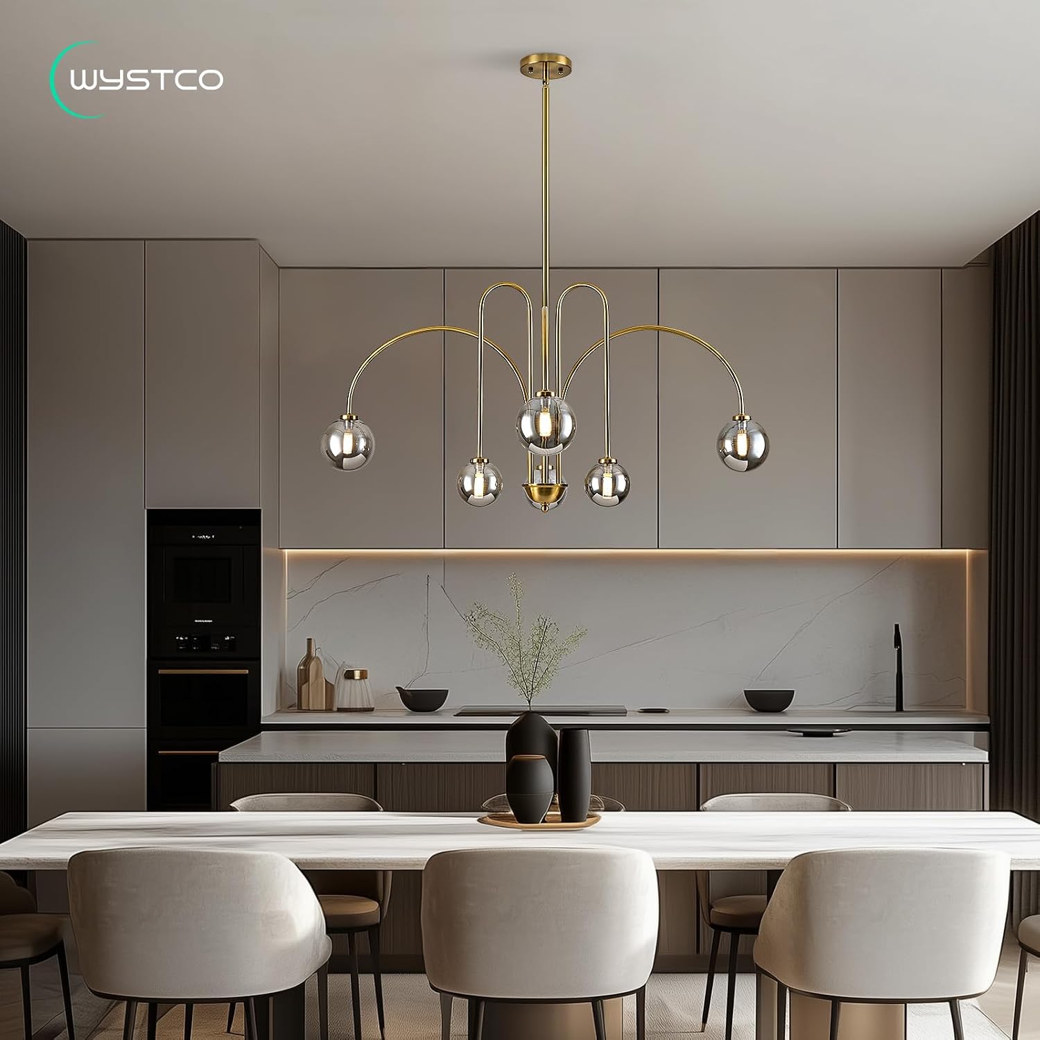 Brass Gold Glass Globe Sputnik Chandeliers for Dining Room, Kitchen Island, Foyer, Living Room, Mid Century 6-Light Large Pendant Light Fixture Over Table (Smoke Grey Bubble, 40 Inch)