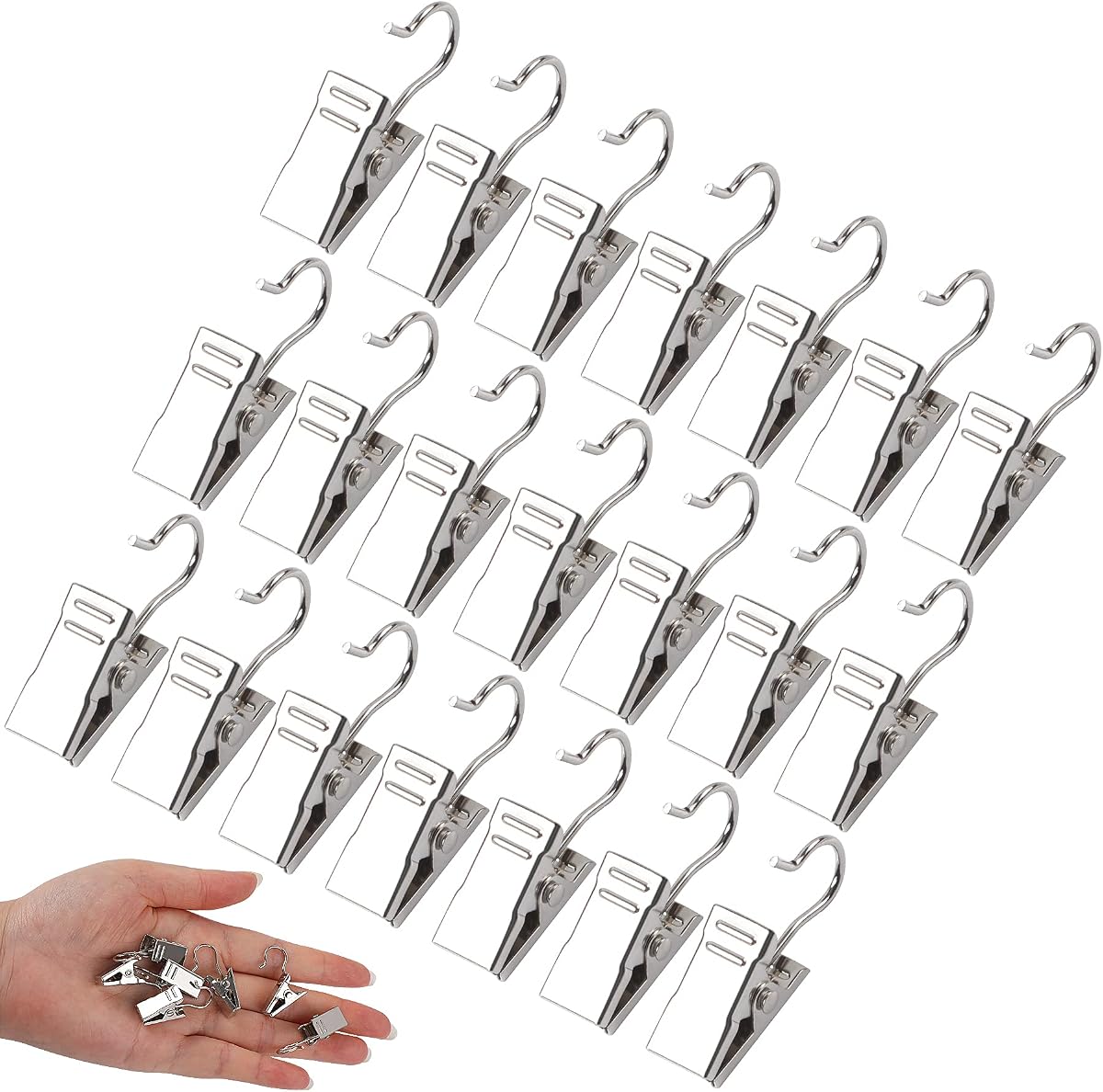 JANYUN 30 Pack Mini Heavy Duty Hook Clip,Curtain Clips for Photos Home | Silver Holder Art Craft Display,Small,Stainless Steel Metal,Home Outdoor Decoration Hang Clip,for Hanging String Lights RV Ca