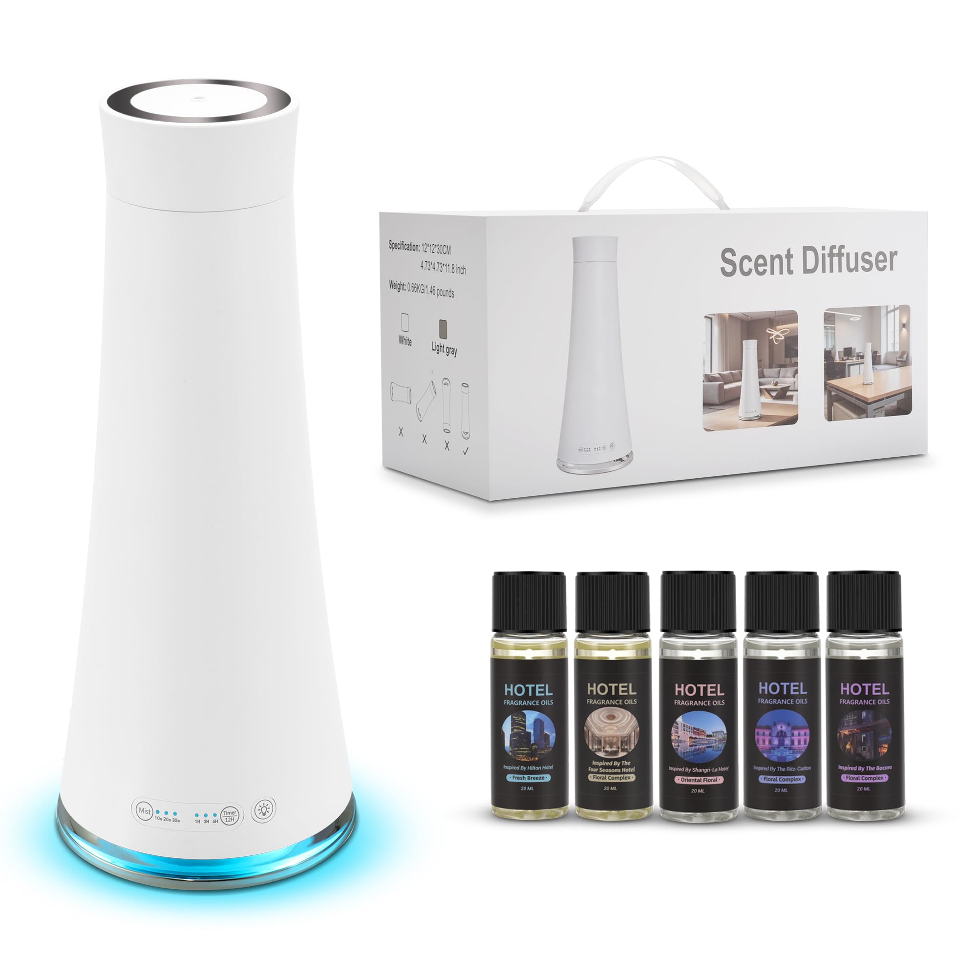 olio senz'acqua del diffusore del profumo 160ml messo per l'hotel, casa, grande stanza | Include 5 oli essenziali per hotel da 20 ml, luce notturna a LED a 7 colori, telecomando, copertura 1400 piedi quadrati.