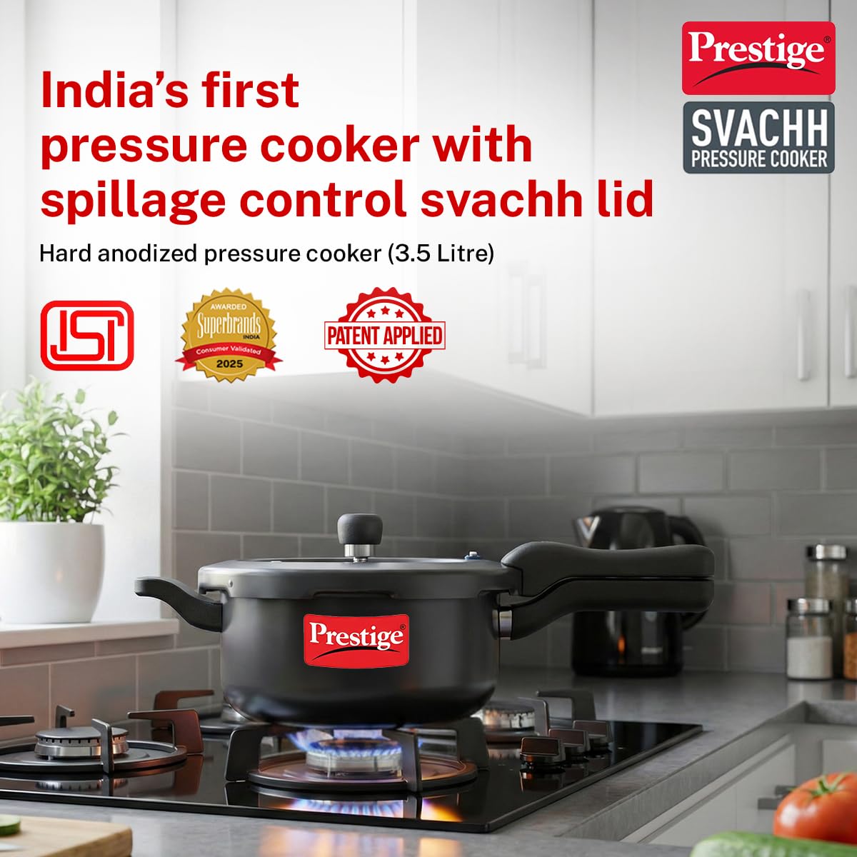 Prestige Svachh 3.5 Litre Outer Lid Pressure Cooker With Hard Anodized Body (Black), 3.5 Liter
