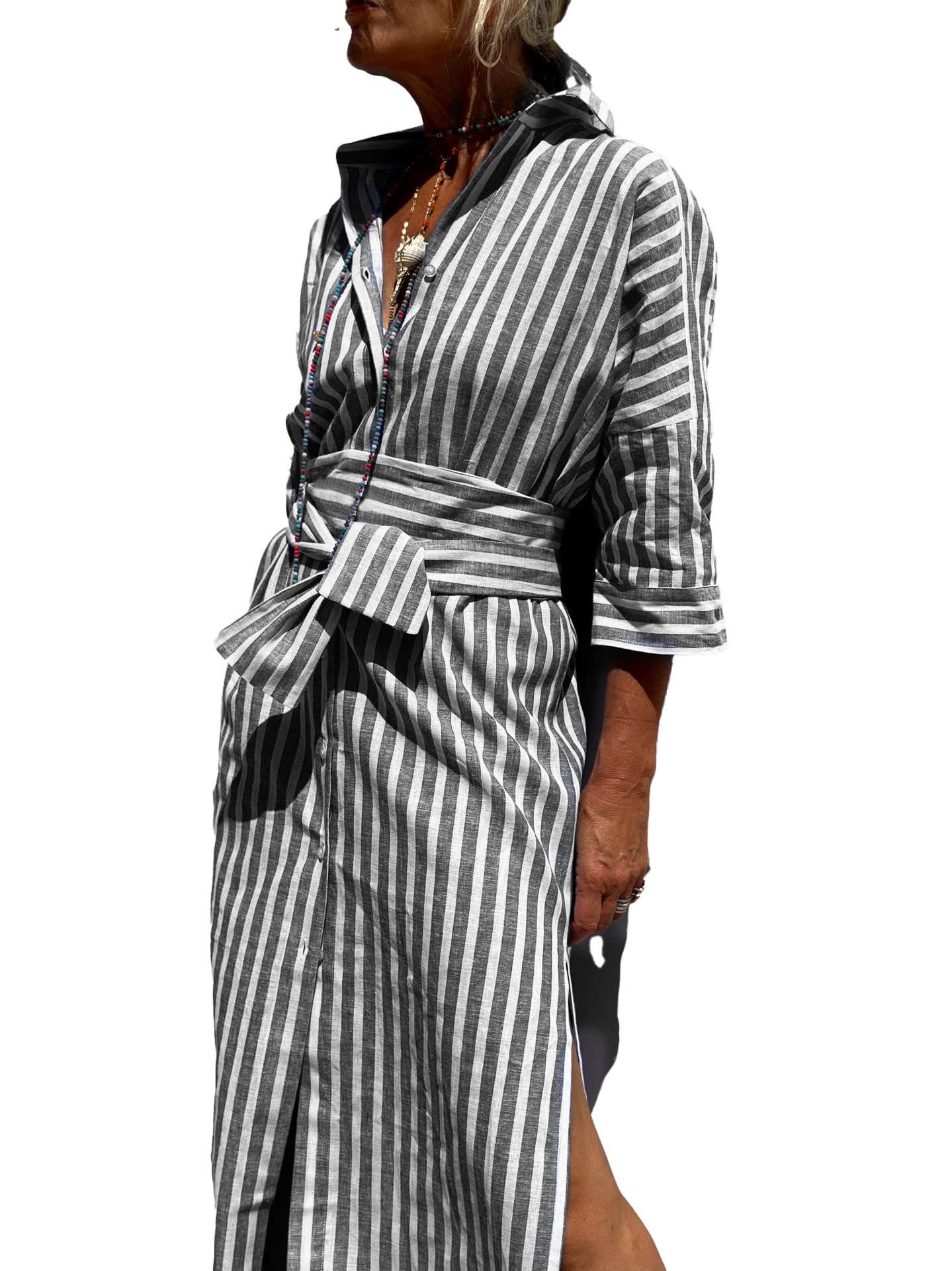 utcoco Women's Lapel 3/4 Sleeve Button Down Belted Maxi Shirt Dress Black Striped Size L