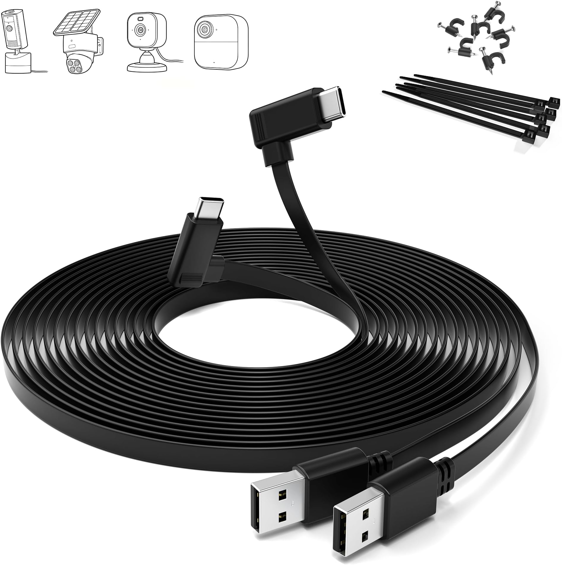 Itramax Flat USB C Cable 20FT/6M,2Pack Right Angle Long USB A to Type C Power Charger Cord,Continuous Security Camera Extension Supply Replacement Charging Wire for Blink Outdoor 4/Mini 2 2K+,Ring
