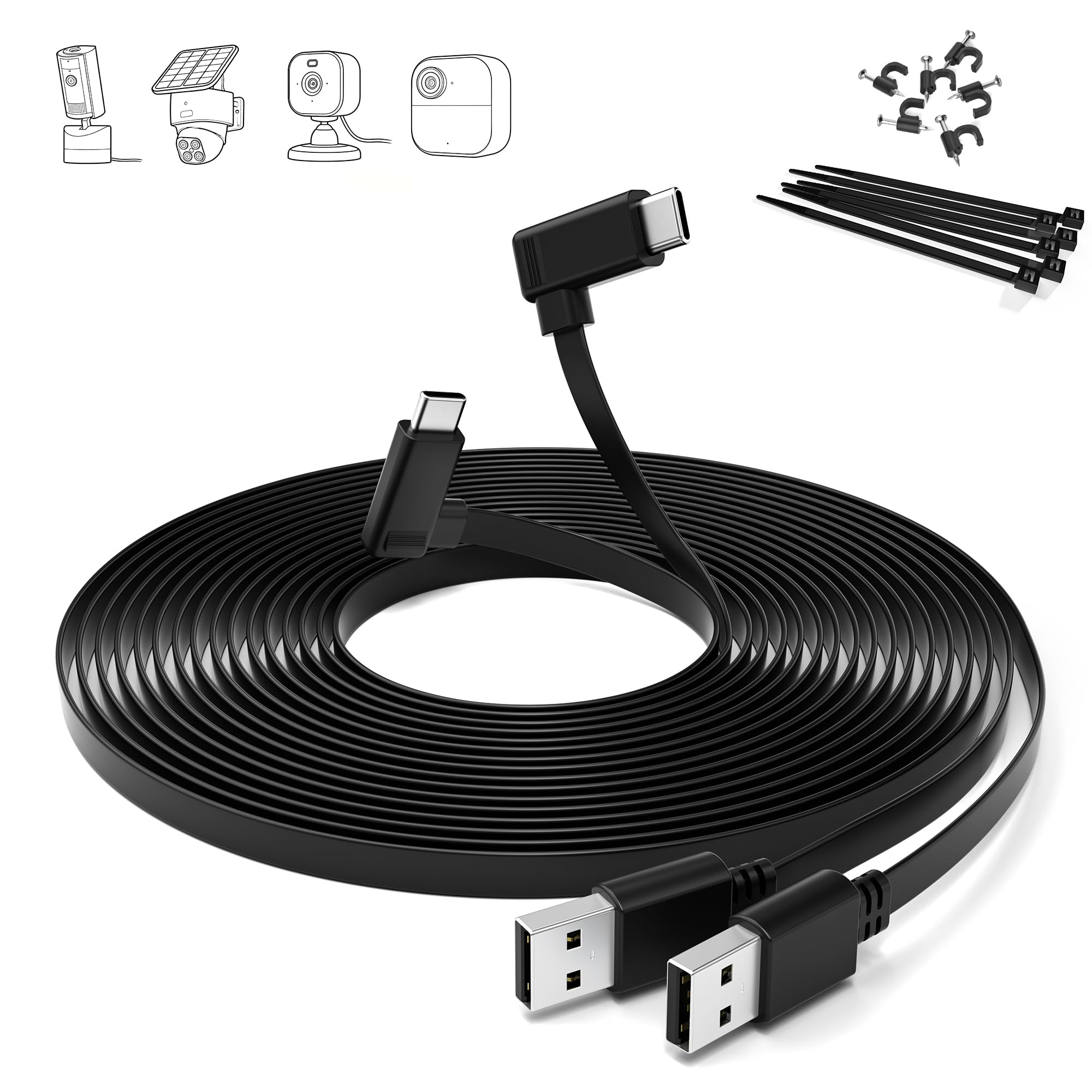 Itramax Flat USB C Cable 20FT/6M,2Pack Right Angle Long USB A to Type C Power Charger Cord,Continuous Security Camera Extension Supply Replacement