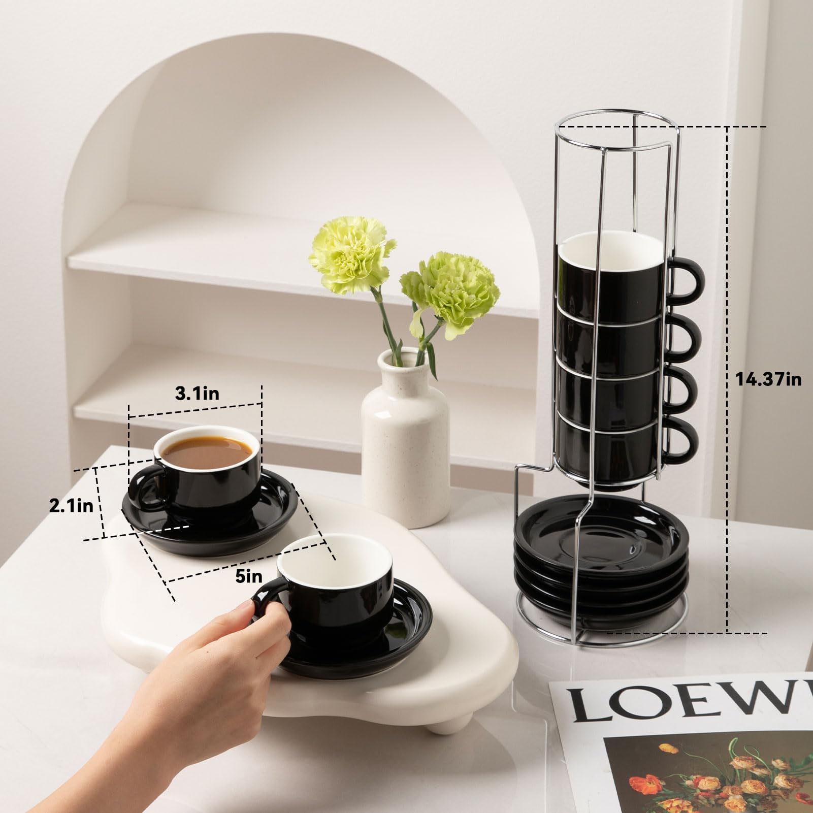 Sweejar Espressotassen aus Keramik, 6er-Set, Espressotasse stapelbar, 118 ml, stapelbare Cappuccinotassen mit Untertassen und Metallständer für Kaffeegetränke, Americano, Latte, Tee (Schwarz)