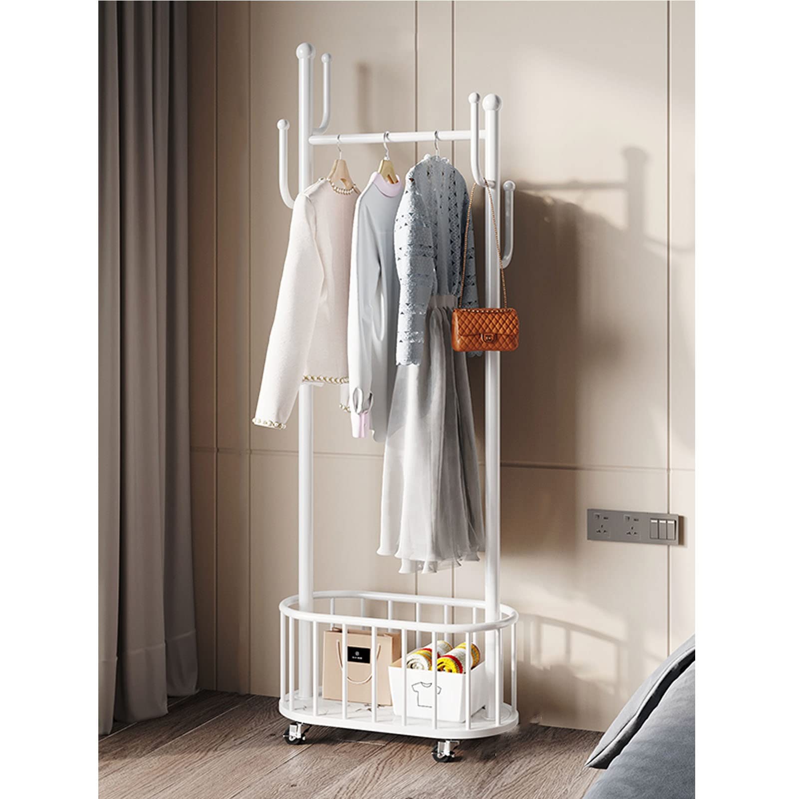 Portant à vêtements avec panier de rangement inférieur et roulettes mobiles