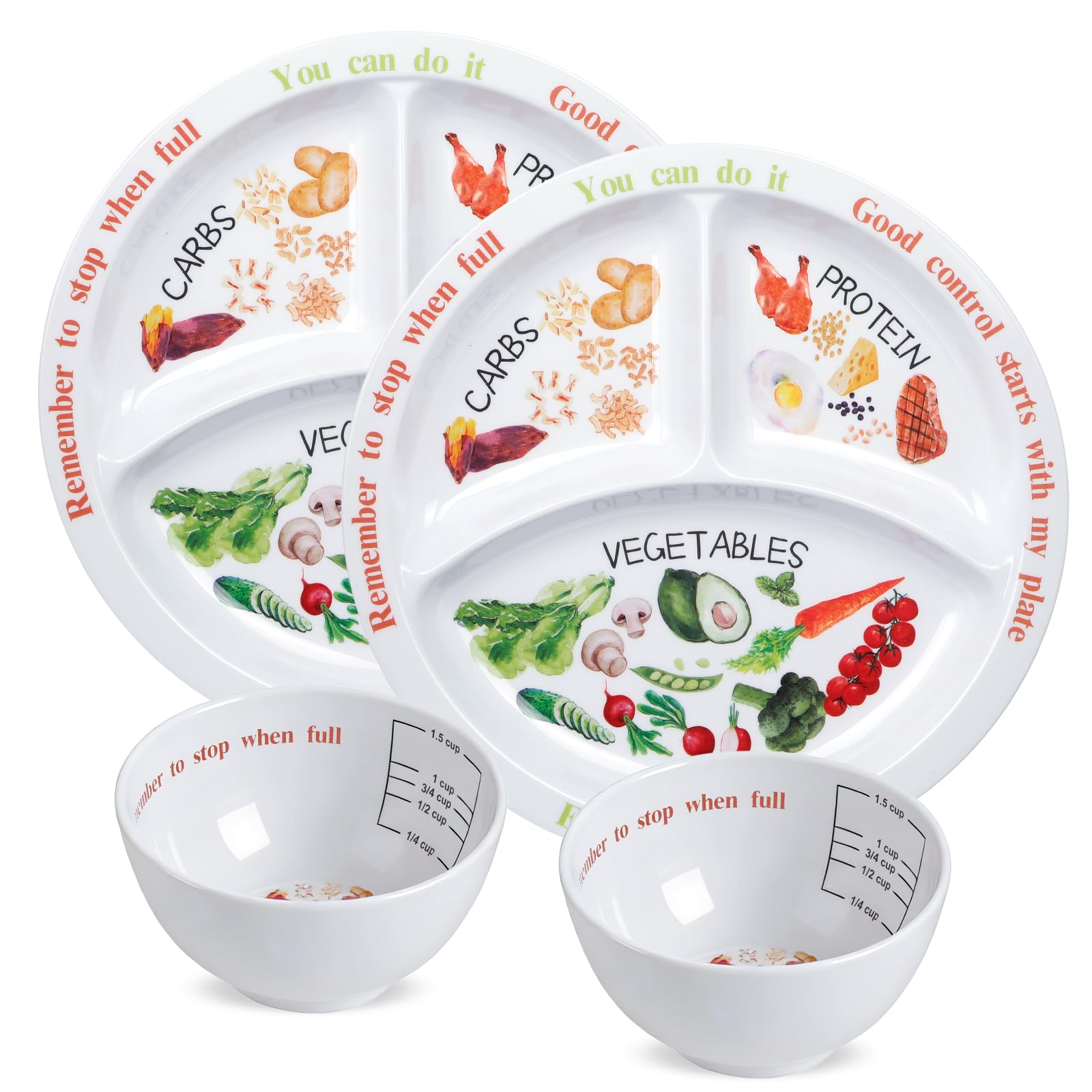 Lot de 4 assiettes de contrôle des portions pour une alimentation équilibrée – Assiette de nutrition saine pour adultes et adolescents – Séparateurs en mélamine, parfaits pour une alimentation