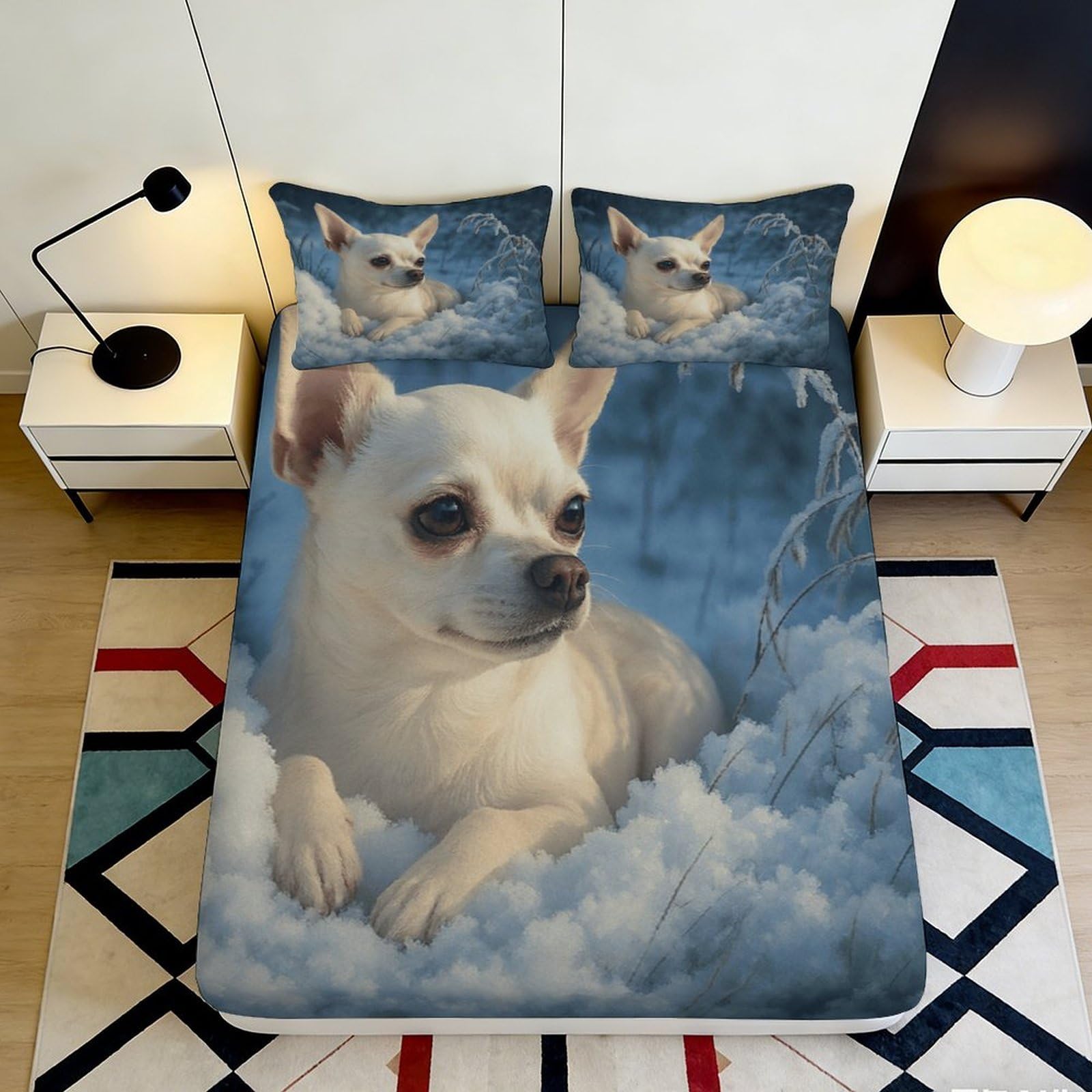 Pnayamiorkfel Style-6 3D Printed Chihuahua In Snow Fitted Sheet Microfiber Soft Bed Cover For Bedroom Guest Room Decor Machine Washable 90X200x25cm
