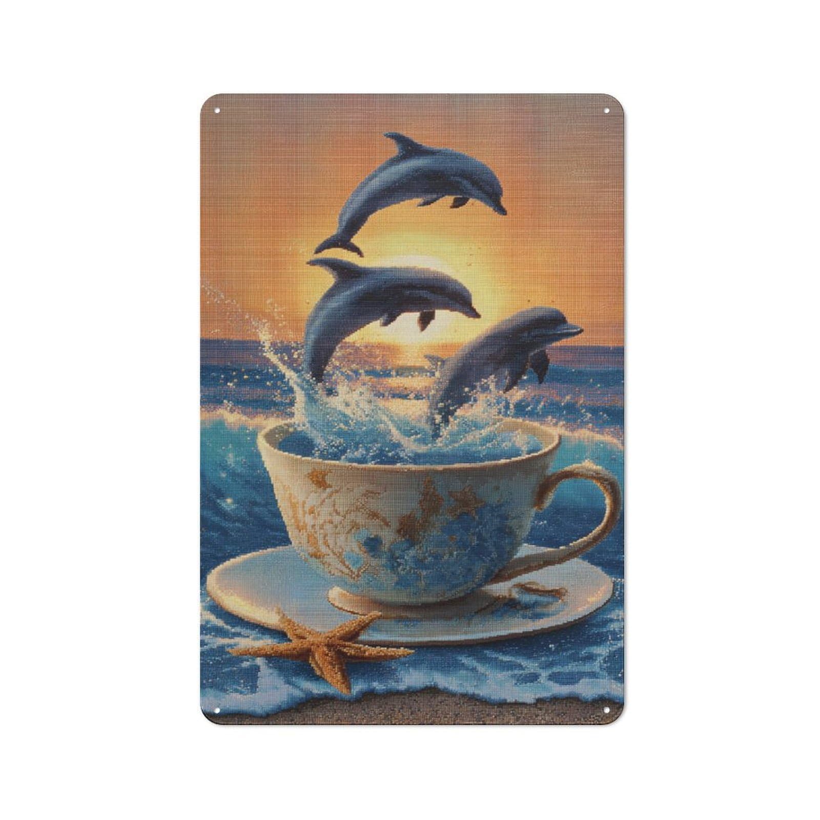 Junmoney Dolphins Leaping In A Teacup Retro Metal Wall Sign 30X20cm For Café Or Home Bar, For Home Bar Enthusiasts, For Retro Home Interiors