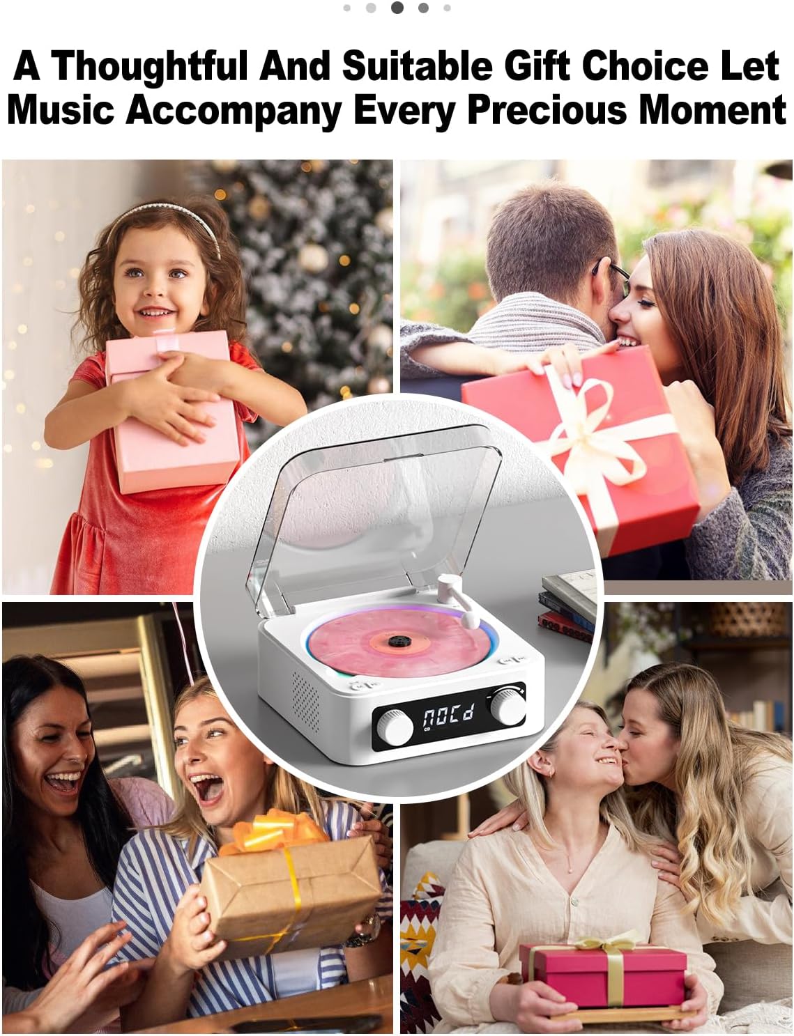 CD Player with Built-in Speakers Portable Bluetooth Input&Output Desktop CD Players for Home with Screen Display, Ambient Lighting, FM Radio, White Noise Mode, Remote Control, USB Type-c, White