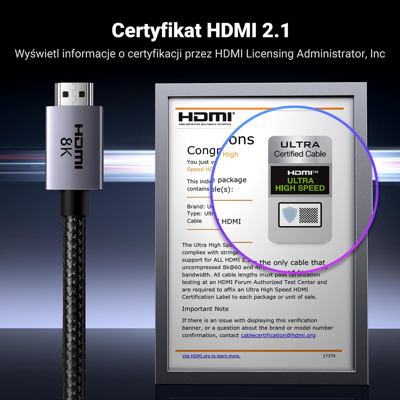 UGREEN Kabel HDMI 2.1 8K 60Hz 4K 240Hz 165Hz 144Hz 120Hz 48Gbit/s High Speed, Kabel HDMI 2.1 Ultra HD eARC HDR 10+ HDCP Dolby Vision VRR Kompatybilny z TV/PS5/PS4/ Xbox Series X/Monitor/Laptop (1M)