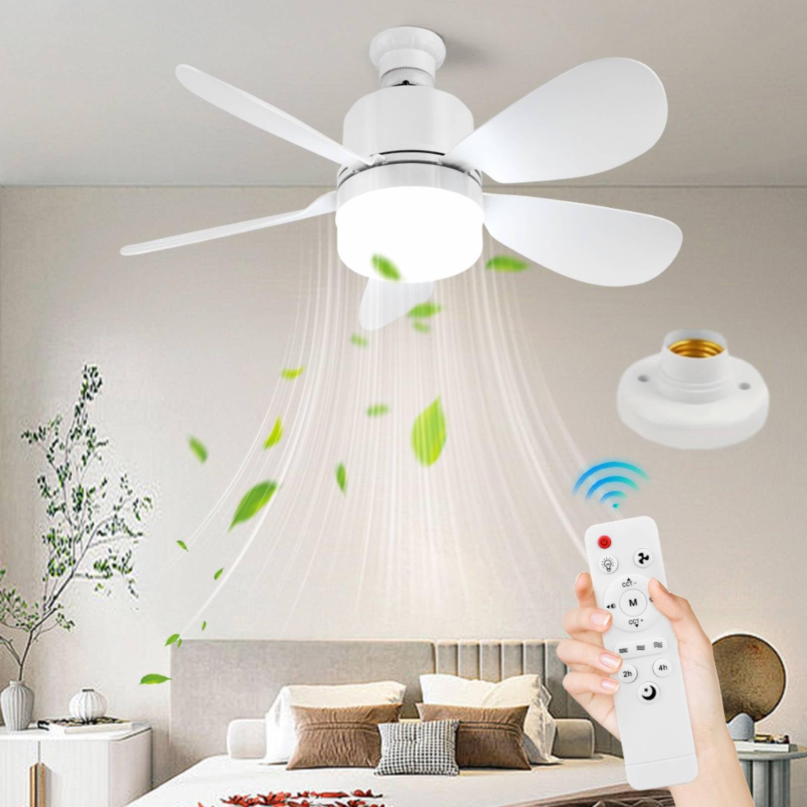 Crgangzy 52Cm 40W +Base Ceiling Fan With Lights And Remote Control, E27/E26 Dimmable Led Fan Lamp Ceiling 3 Colors 3 Speeds, Timer, Screw In Ceiling Fan Light For Bedroom, Kitchen