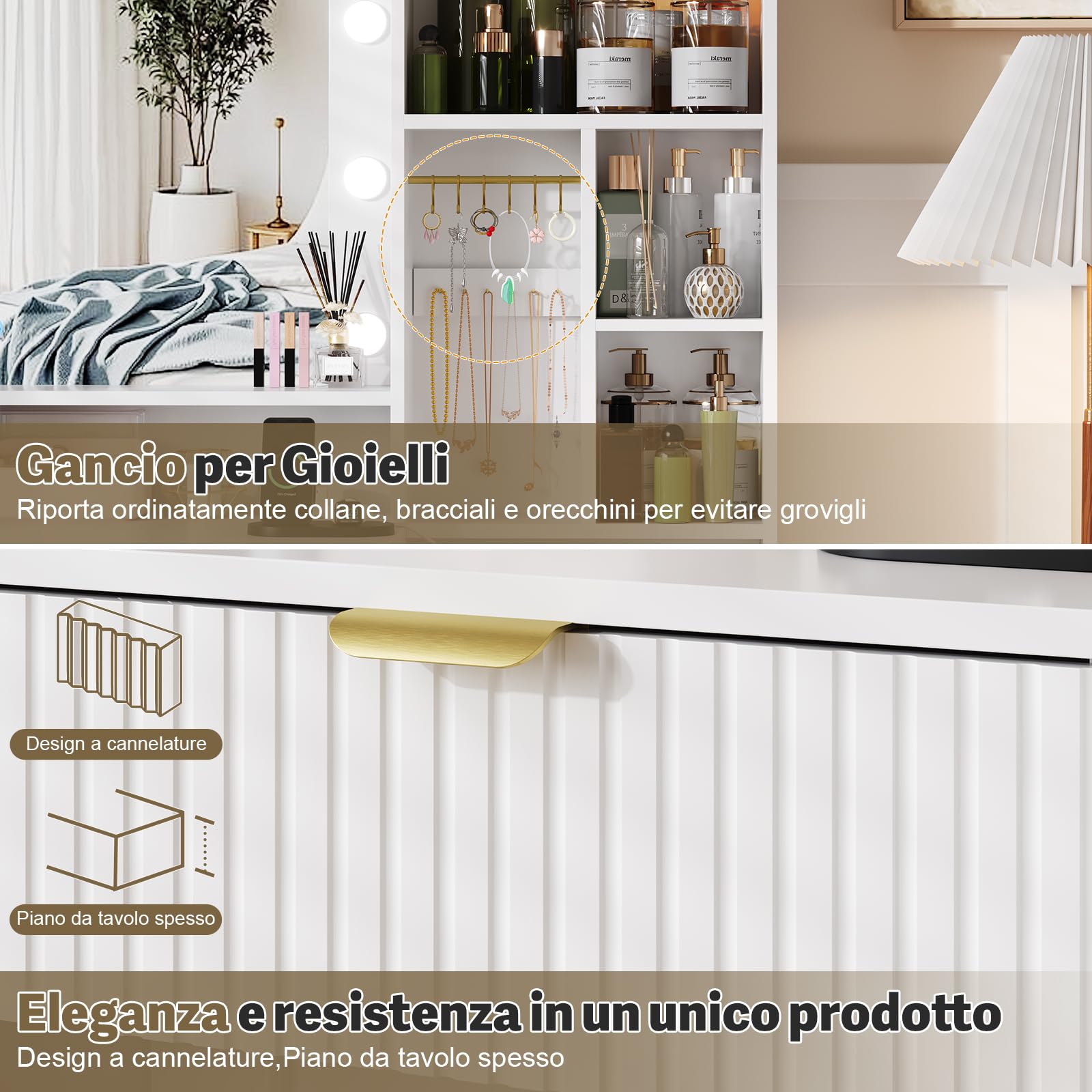 JUMMICO Toeletta Trucco con Specchio e Luci,Tavolo da Toilette con Cassetti, Postazione Trucco con Ripiani Aperti, Ganci per Gioielli e Presa Elettrica per Camera da Letto,Moderno (Bianco) (bianco)