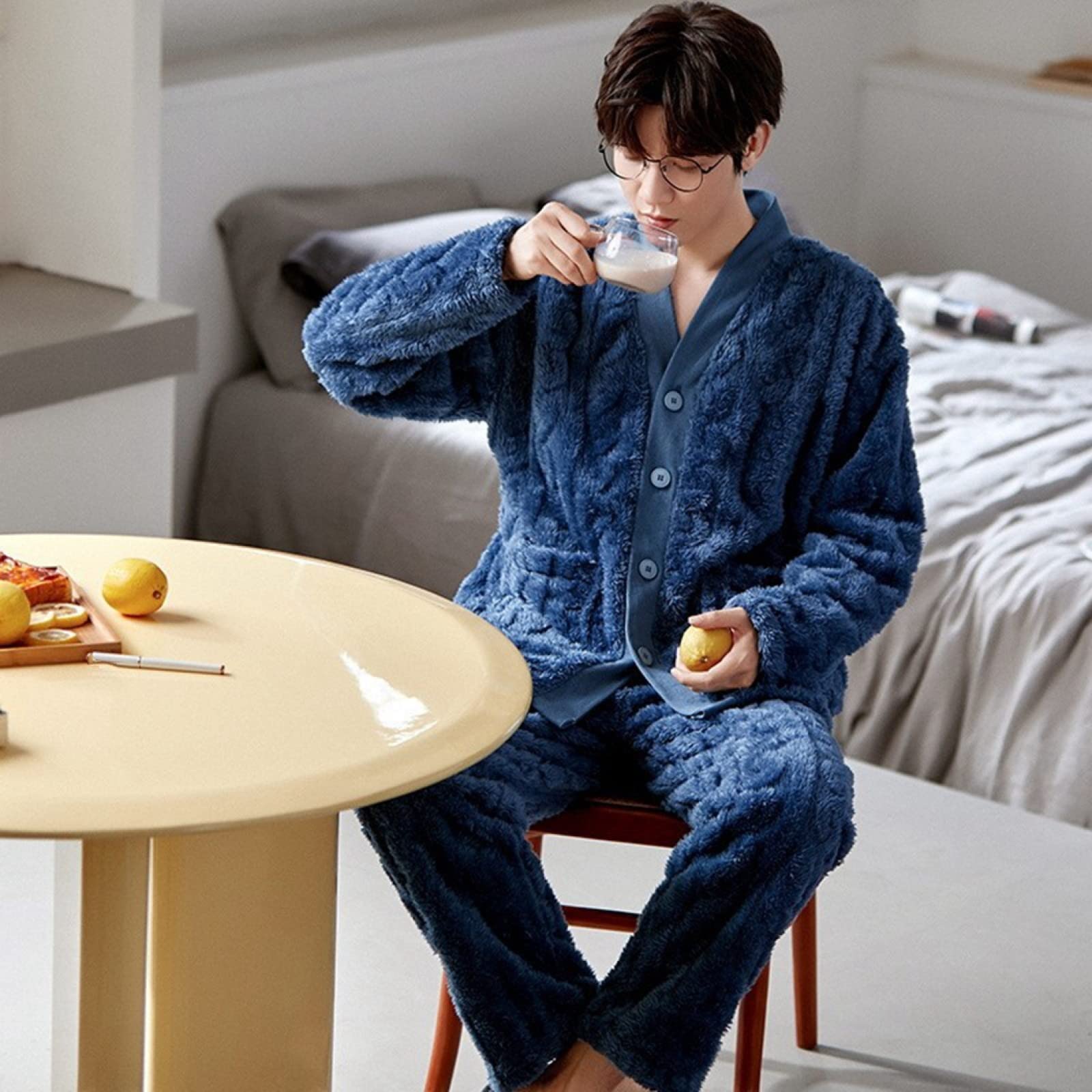 Pijamas De Hombre - Pijamas De Dos Piezas De Lana De Coral Para Hombres Gruesos De Invierno Pijama Cálido Traje De Moda Para Hombres Camisa De Manga Larga Con Cuello En V Azul Retro + Pantalones D