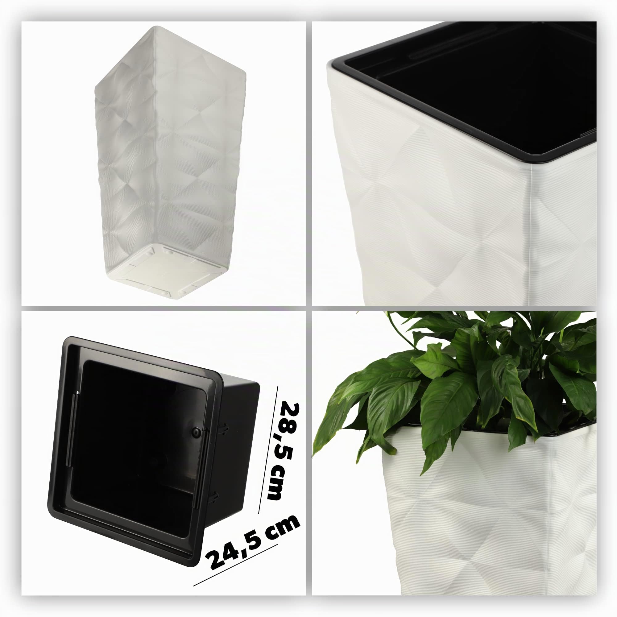 KADAX - Vaso alto in plastica con effetto 3D, grande vaso per fiori per uso interno ed esterno, vaso quadrato con inserto (bianco, 74,5 cm)