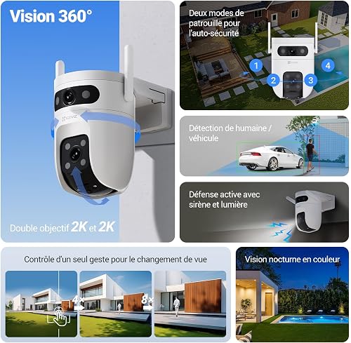 EZVIZ 3MP+3MP Caméra Surveillance WiFi Extérieure à Double Objectif, 360° PTZ Camera, Suivi Auto, Détection de Forme Humaine/Véhicule,Défense Active,Vision Nocturne Couleur 40M, C9c 2K Dual - 2