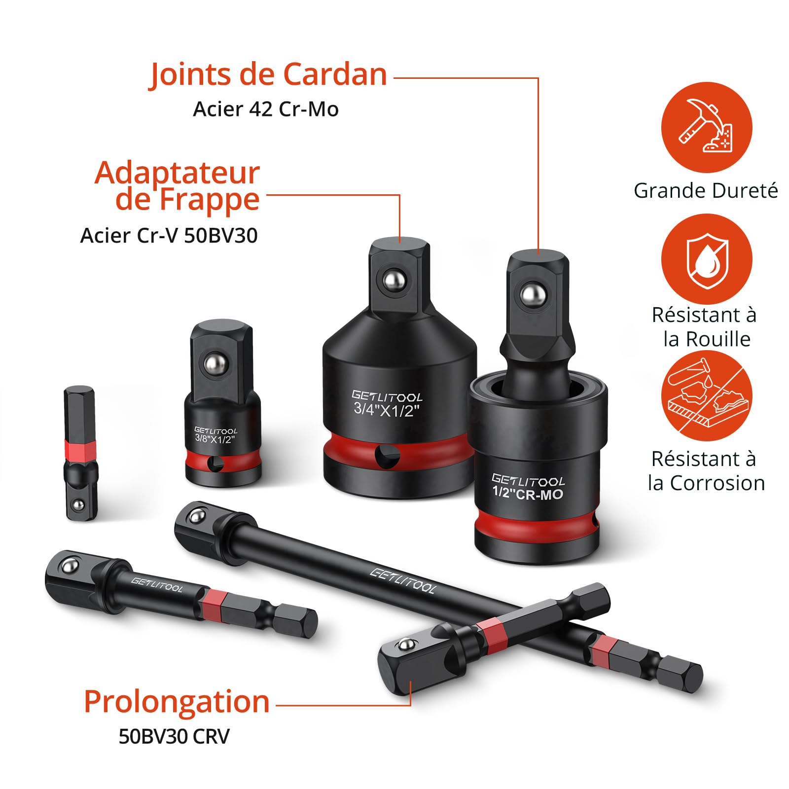 GETLITOOL Lot de 20 adaptateurs de douille, 11 adaptateurs de clé à douille, 6 adaptateurs de visseuse à percussion, 3 joints de cardan, adaptateur professionnel pour outils de percussion Cr-V & Cr-Mo