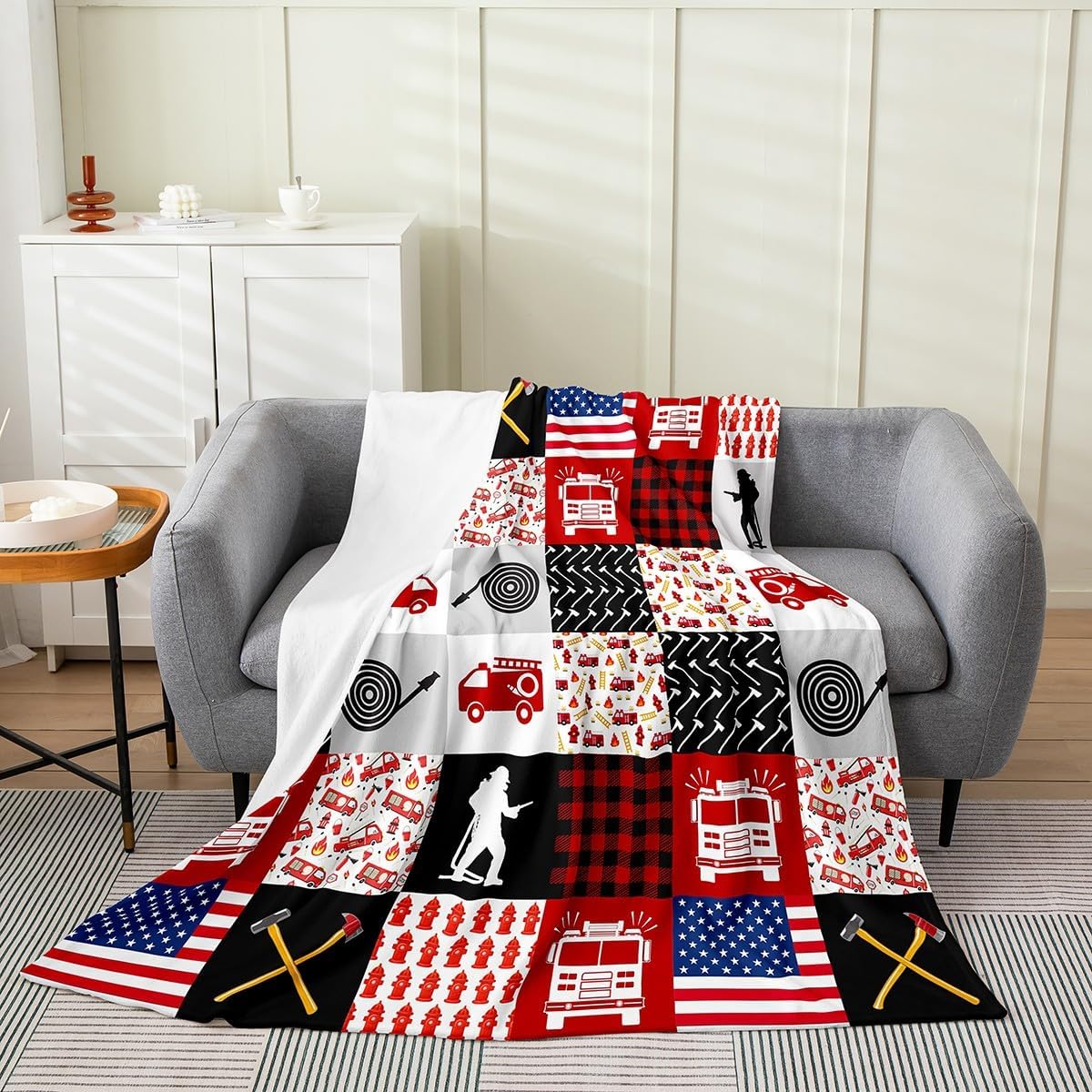 jejeloiu Lineman Print Flannel Fleece Throw Blanket Twin 60"x80" Plaid Patchwork Fuzzy Blanket Construction Vehicles Plush Blanket Blue All Season Bed Blanket for Boys Girls Kids Adults