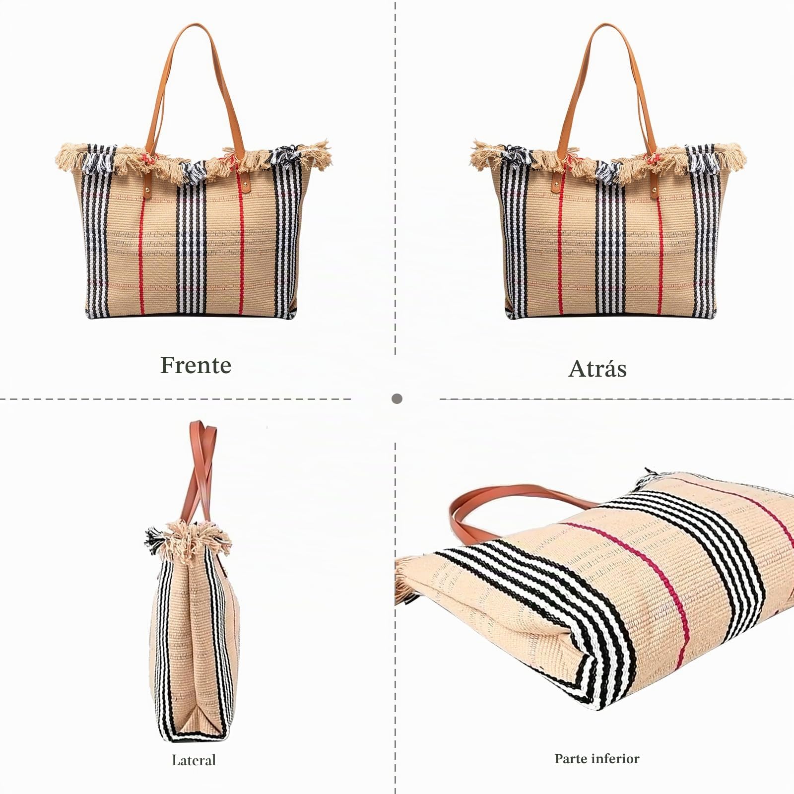 CORIOS Bolso de Mano de Lona para Mujer Gran Capacidad Bolso Playa Bolso Tote para Estilo Boho Bolsa de Ocio Bolso de Hombro con Borlas para Compras Viajes Citas Vacaciones Caqui