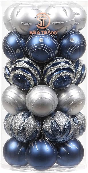 Sea Team クリスマス飾り クリスマスオーナメント ボール 30個 豪華セット ボール セット 直径6cm 北欧風 おしゃれ 多彩 可愛 華奢 人気 キラキラ 飛散防止 フック付き 新年 家庭用 雰囲気が 装飾 (ブルー+シルバー) - 1