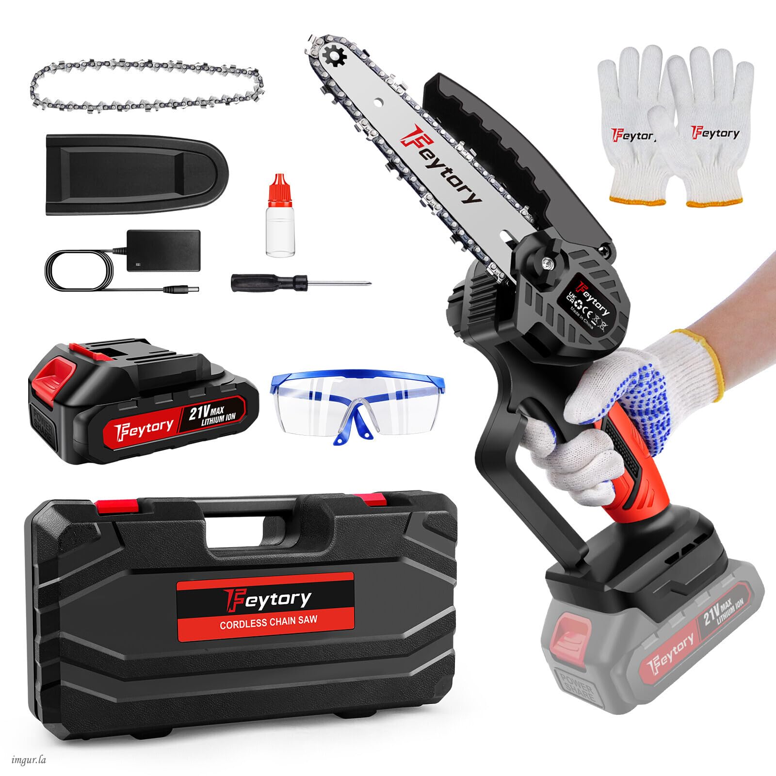 Mini Chainsaw-6 Inch Cordless Chainsaw with Large Battery, Light Weight Battery Chain Saw Electric, Safety Design, with Strong Motor for Tree Trimming & Cutting Wood, Gardens, Red