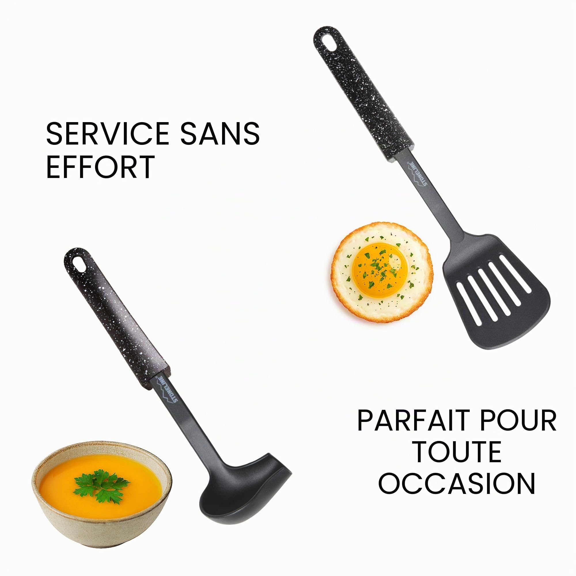 STONELINE Set d'Ustensiles de Cuisine 9 pcs, en Plastique et Design Original STONELINE, avec Support en Plastique, adapté aux Ustensiles de Cuisine à Revêtement Antiadhésif, Noir