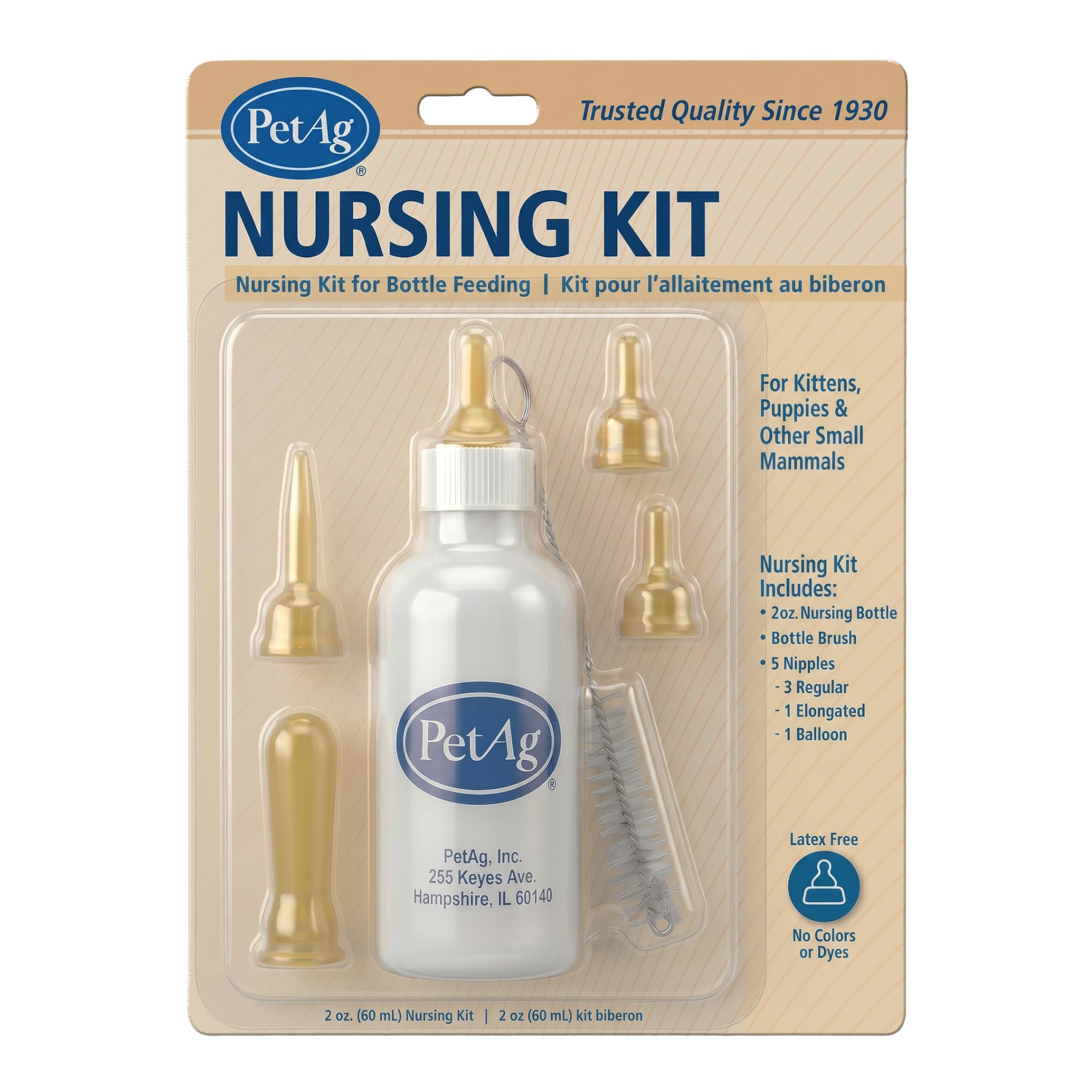 Pet-Ag Nursing Kit - 2 oz - Promotes the Natural Feeding of Liquids to Baby Animals - Each Kit Includes 2 oz. Bottle with Cap, 5 Nipples & Cleaning Brush