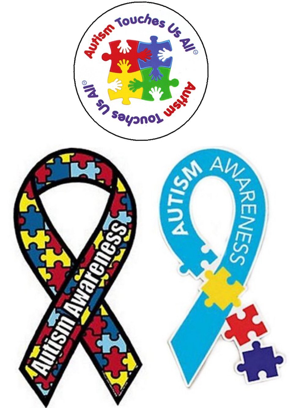 3 Autism Awareness Car Magnets- Ribbon Puzzle Piece, Multi-Color Puzzle Piece, Autism Touches Us All Circle
