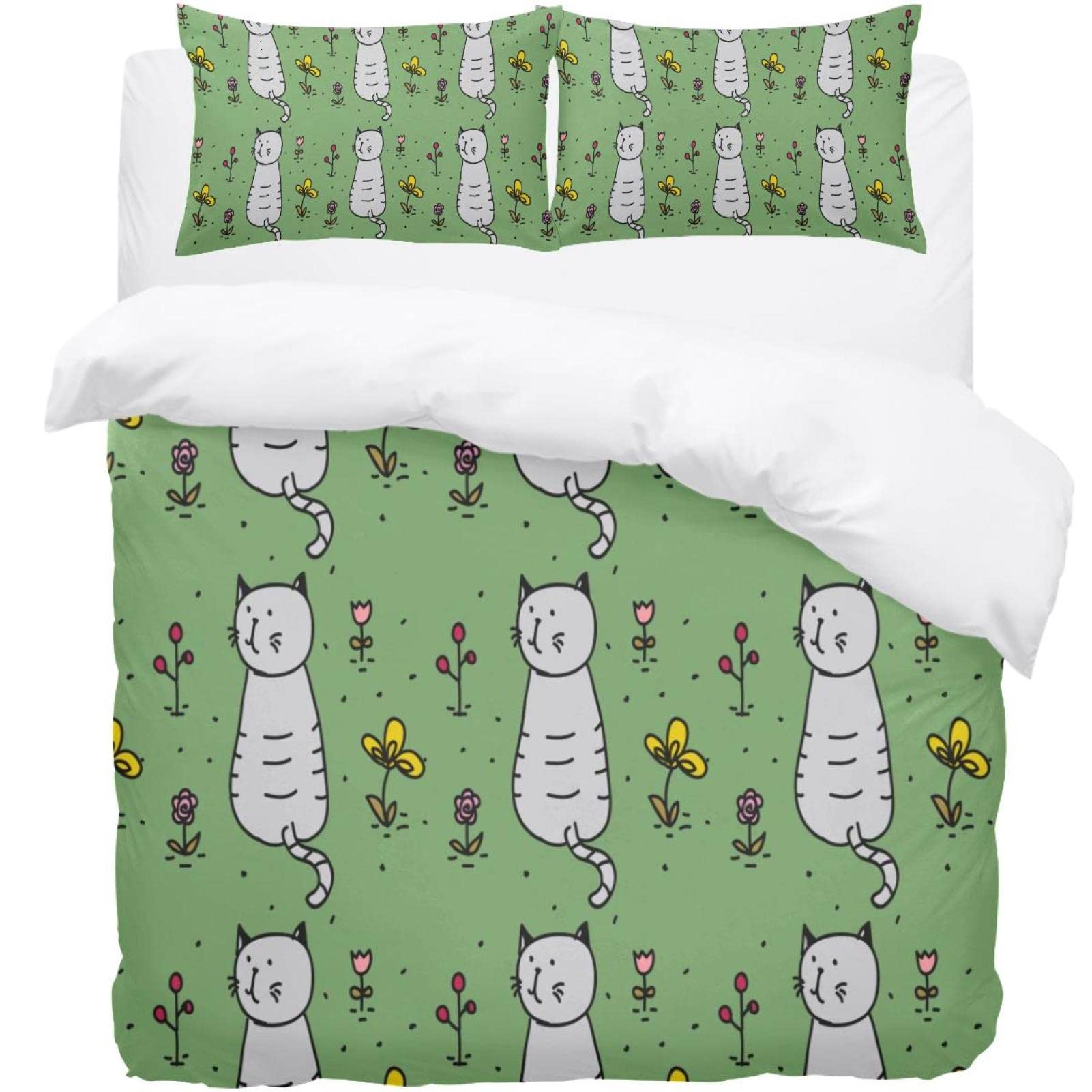 Parure de lit chat gris jardin housse couette douce anti-plis lit adulte vert