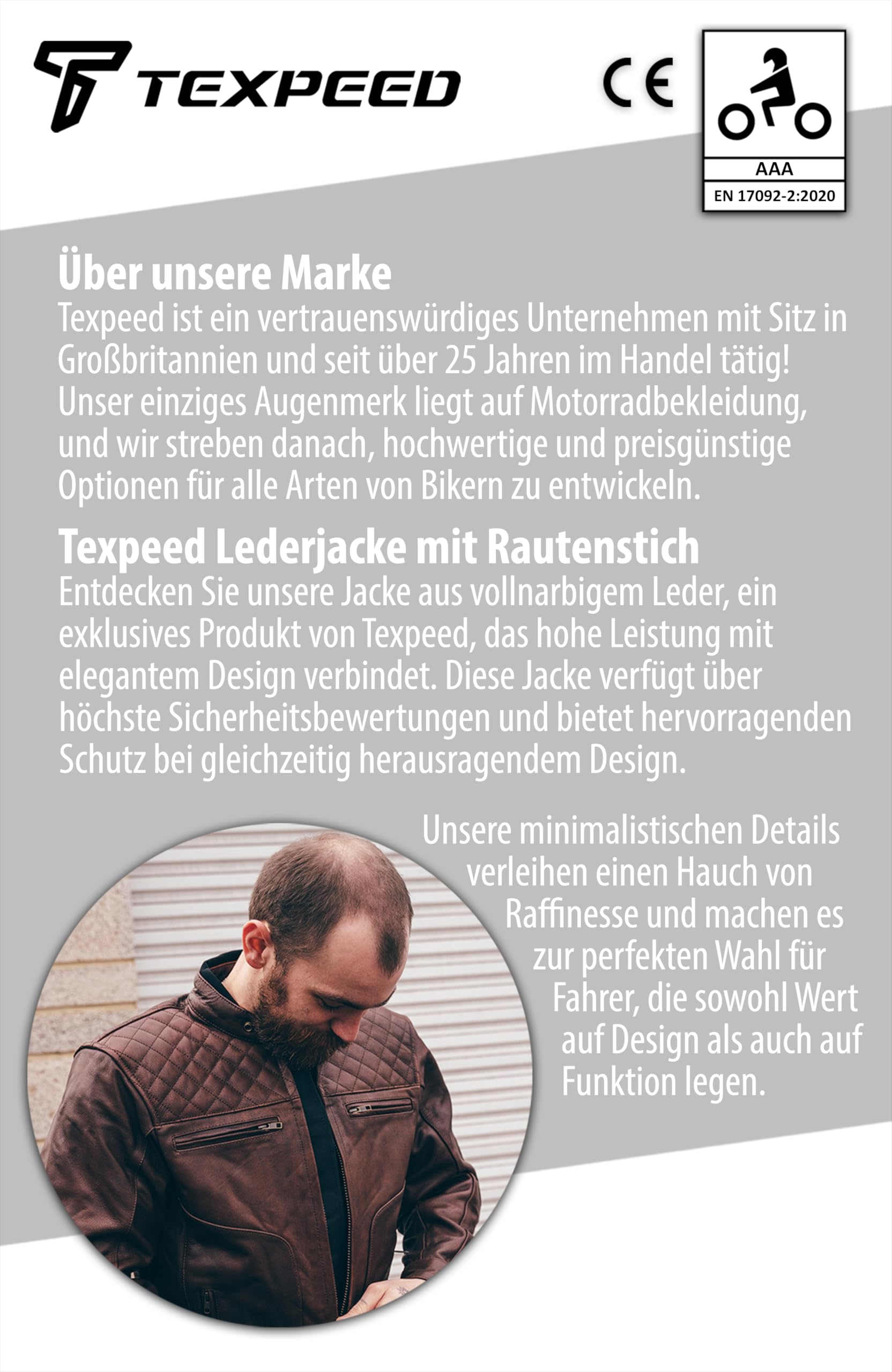 Texpeed Braun Motorrad lederjacke herren mit protektoren - Leder mit Rautensteppung - Motorrad Mit Original Biker Rüstung (EN 1621-1) Schutz XL | EN 17092 Motorradverstärktes Kleidungsstück, EN 1621-1 [Level 1] Flexible Biker-Rüstung, echtes Rindsleder, d