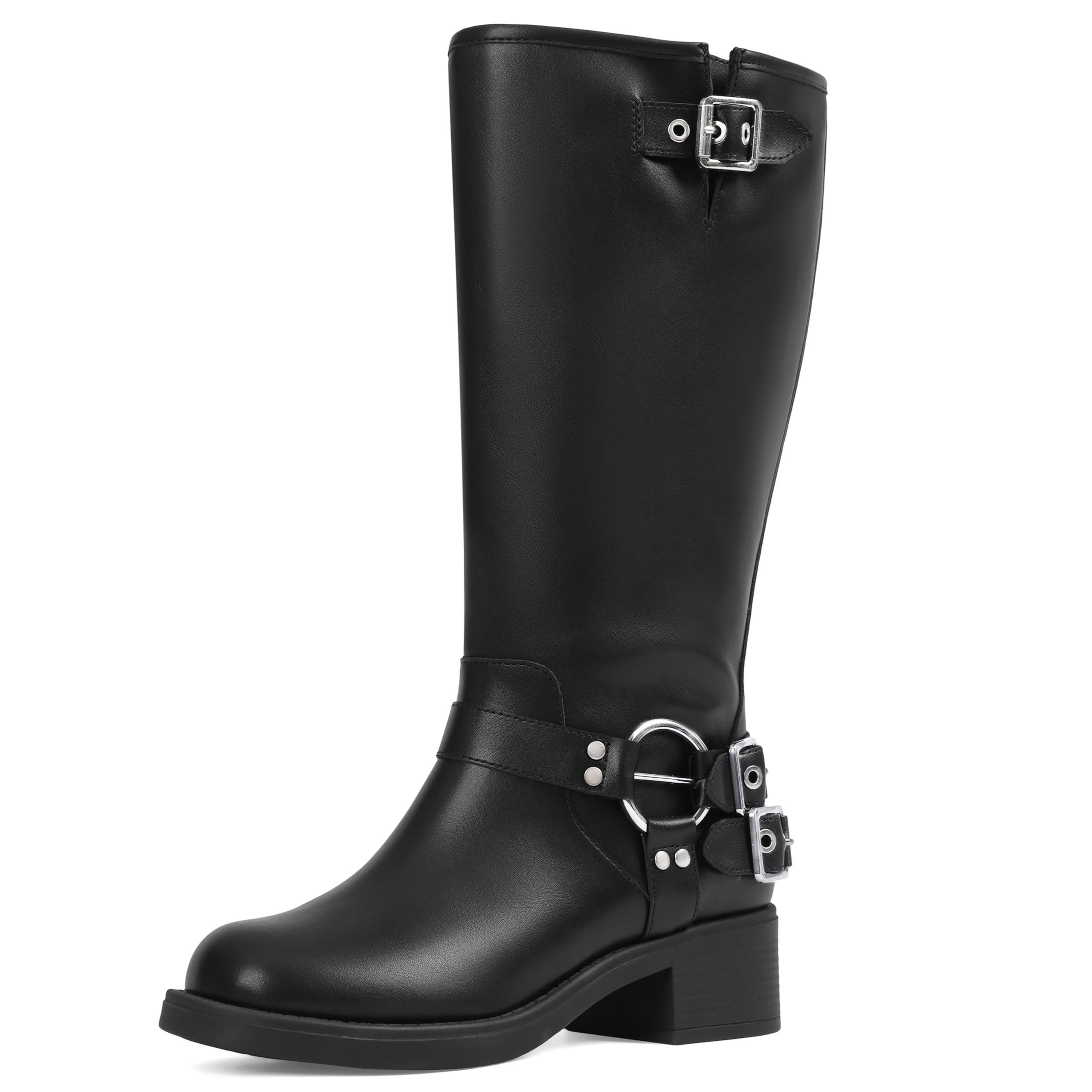 AMINUGAL Wide Calf Knee High Boots for Women Square Toe Pull On Chunky Womens Buckle Moto Boots Rivet