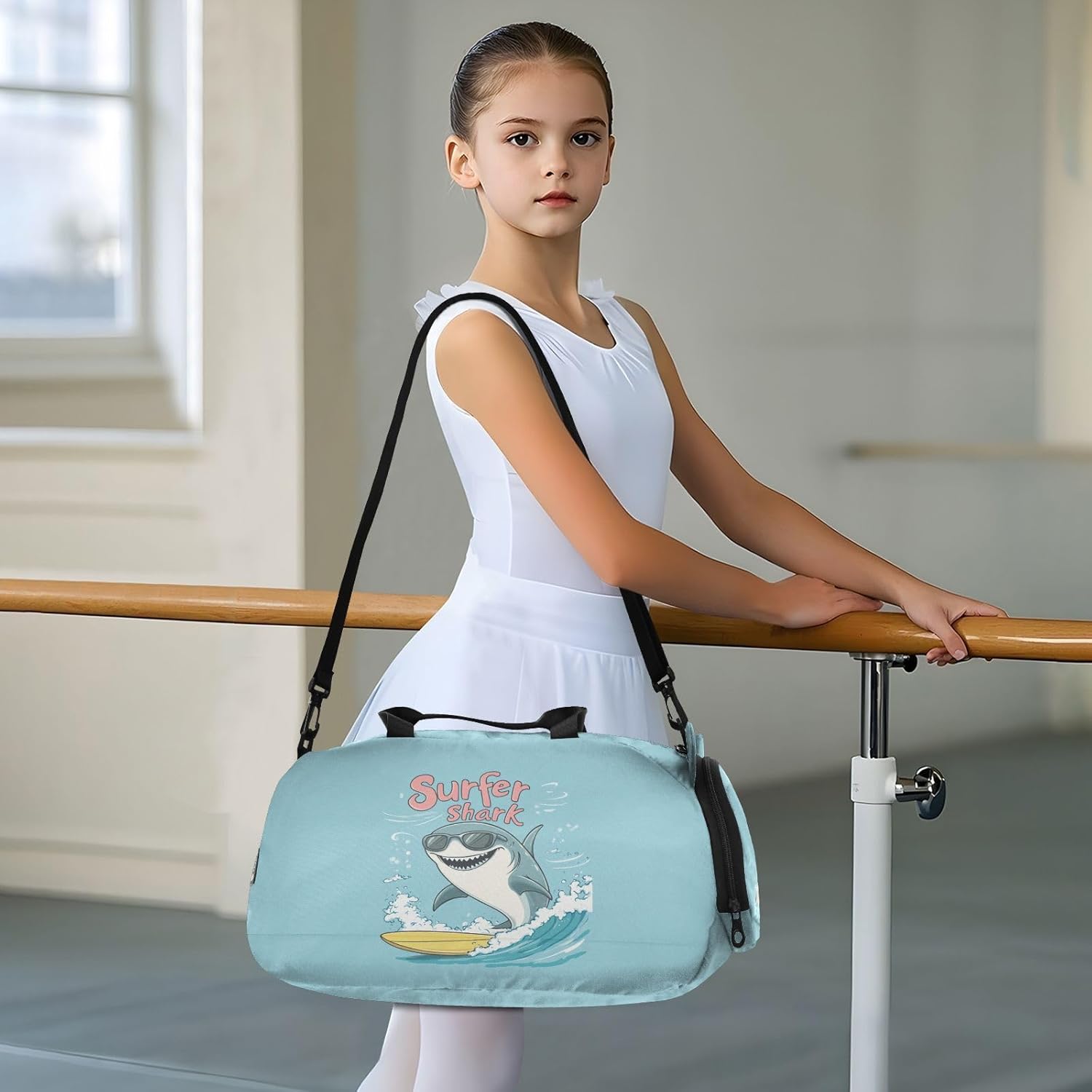 Shark Sunglasses Wave Cyan Kids Travel Duffel Bag for Boys Girls Overnight Weekend Tote Bag with Shoes Compartment for Beach Swim Trip