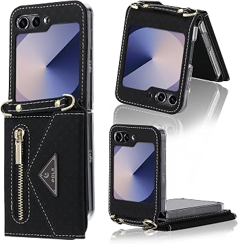 Zipper Wallet Case with Crossbody Strap for Samsung Galaxy Z Flip 6 - Fashionable Slim Slim Slim Smart Travel Accessory with Card Pocket Black