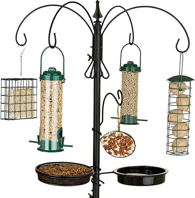 SA Products Premium Bird Feeding Station - Complete Set of 4 Bird Feeders Seed, Nuts, & Suet Block Feeder Cages and 2 Trays - Metal Containers with Stand & Ground Spike Base - H170 cm, W55 cm, D55 cm
