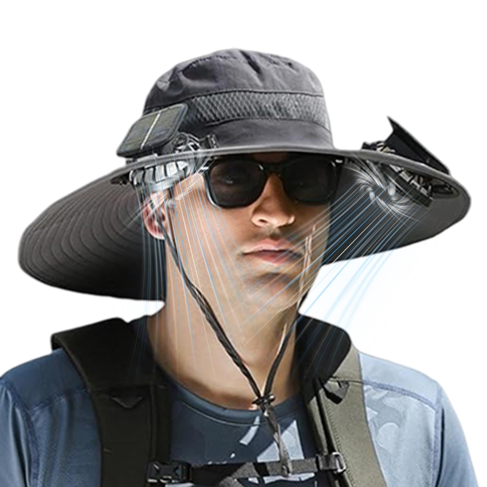 Hut mit eingebautem Ventilator, solarbetriebener Ventilatorhut - Sonnenhut mit breiter Krempe, 3 einstellbare Windgeschwindigkeiten,Solarkühlhut, atmungsaktiver Fischerhut, USB-Solaraufladung für Männ