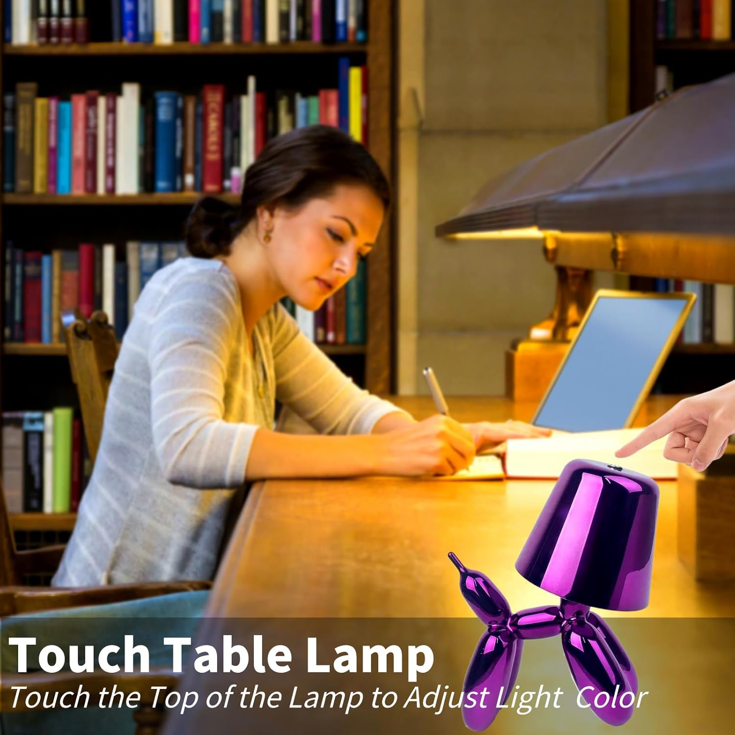 Balloon Dog Statue Table Lamp, Cordlsss Cute Decor Lamp Balloon Animal Rechargeable Desk Lamp 3 Color Dimmable Touch Bedside Lamp for Home, Office, Bedroom, Living Room (Purple)