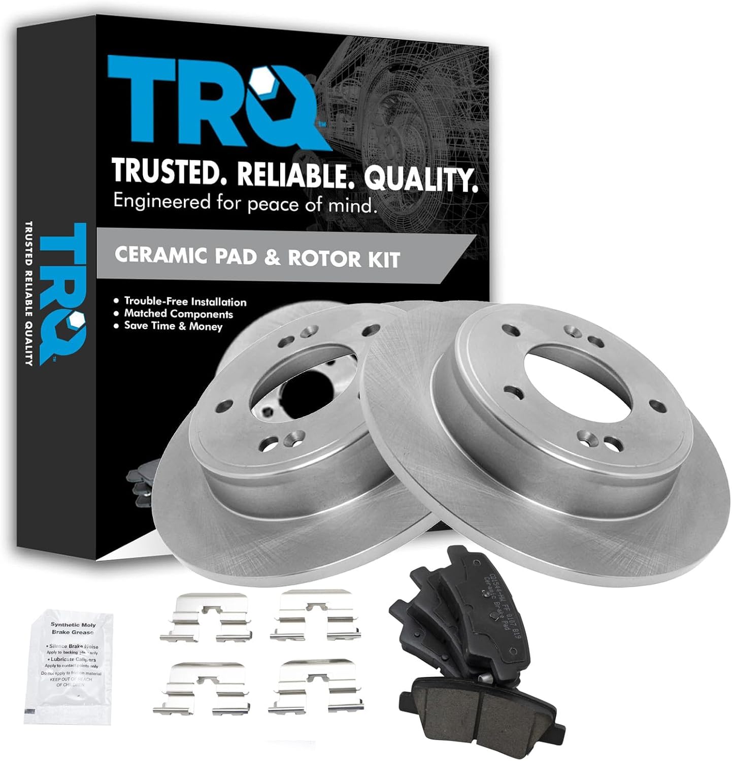 TRQ Rear Ceramic Brake Pad and Rotor Set Compatible with 11-16 Hyundai Elantra 13-14 Coupe 13-16 GT 12-15 Veloster 14-18 Kia Forte 14-18 Forte5